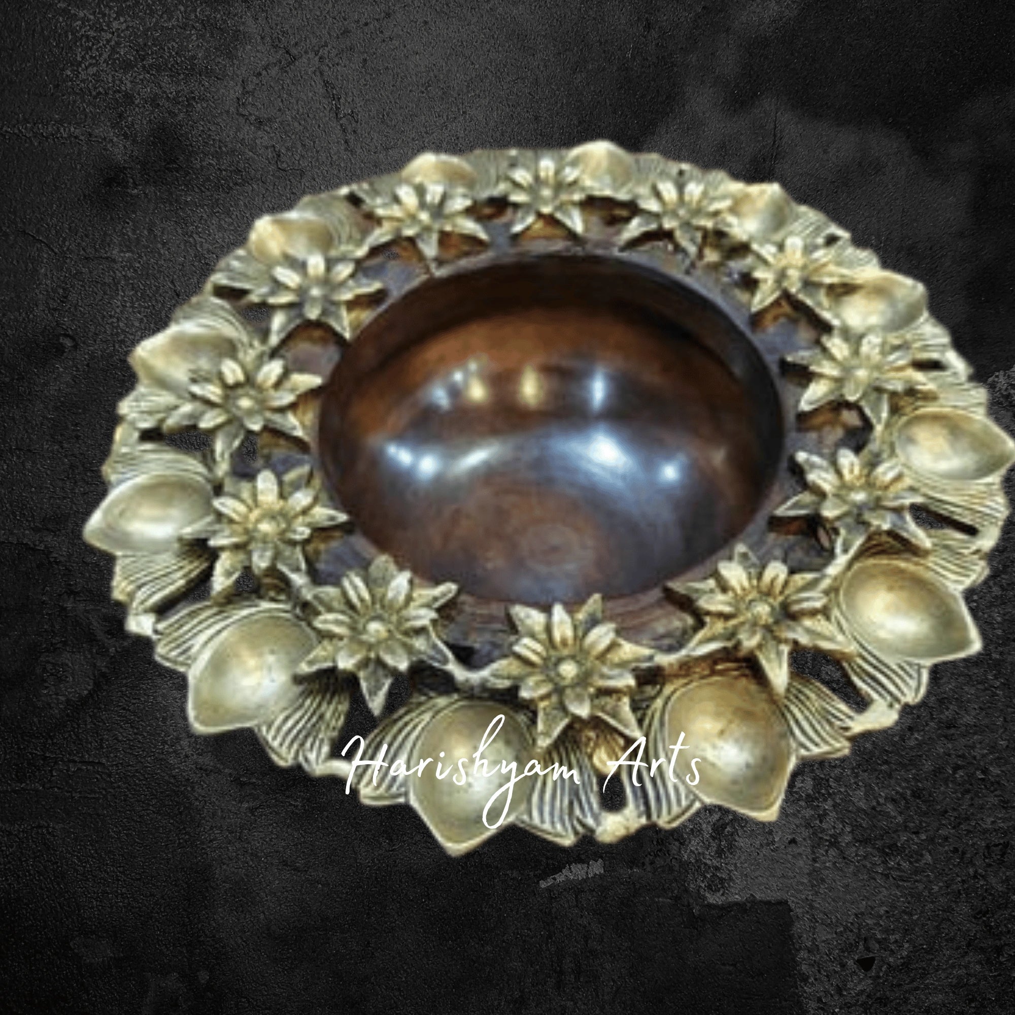 Brass Floral Urli Bowl with Diya Set for Festive Decor and Gifting Purposes
