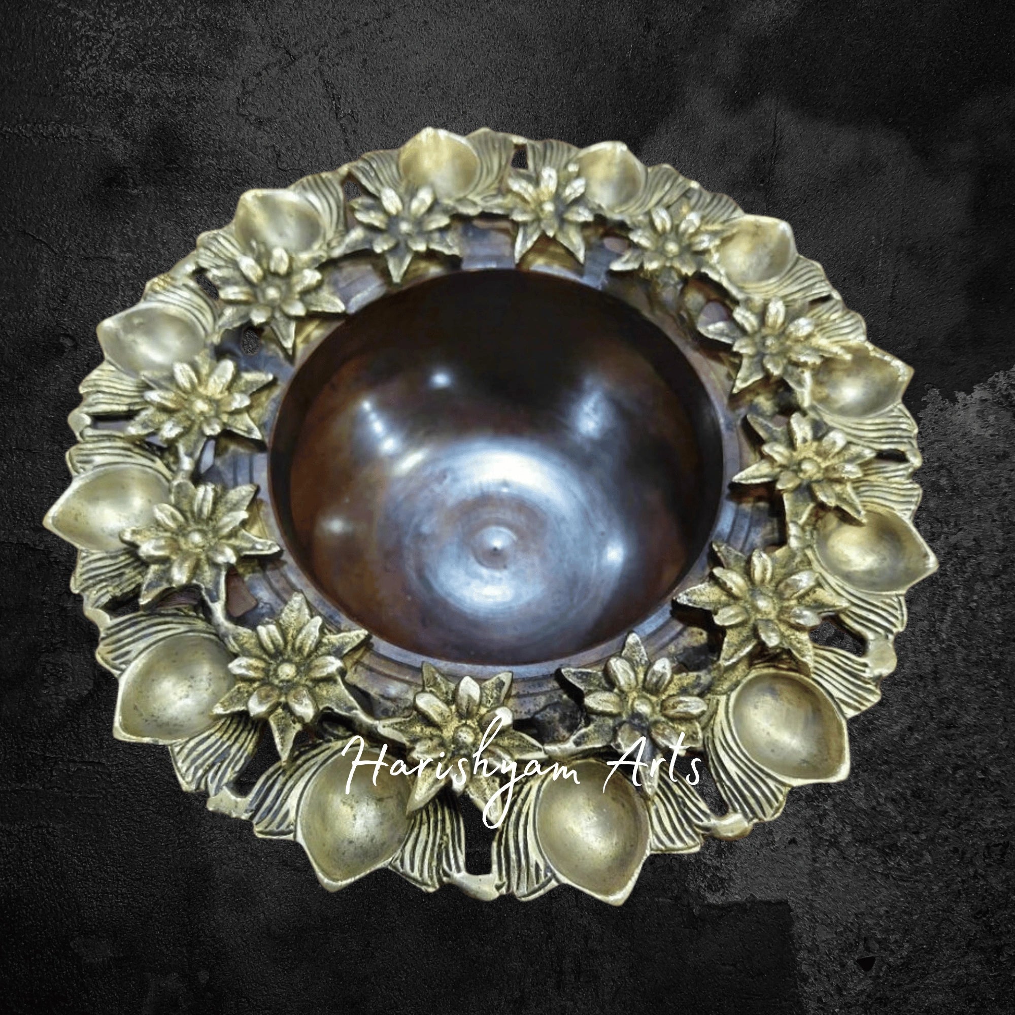 Brass Floral Urli Bowl with Diya Set for Festive Decor and Gifting Purposes