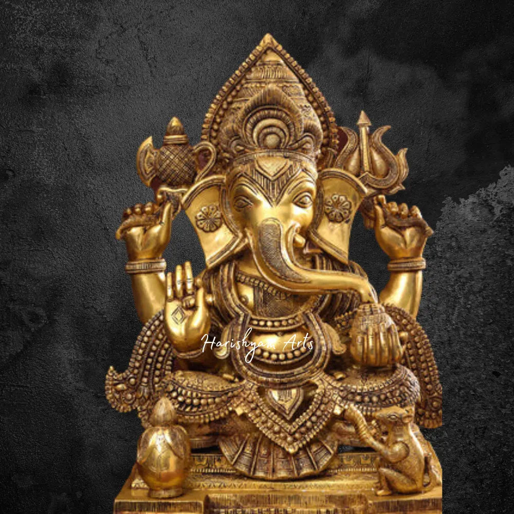 Brass Ganesha Statue with Decorative Chowki Base 26"