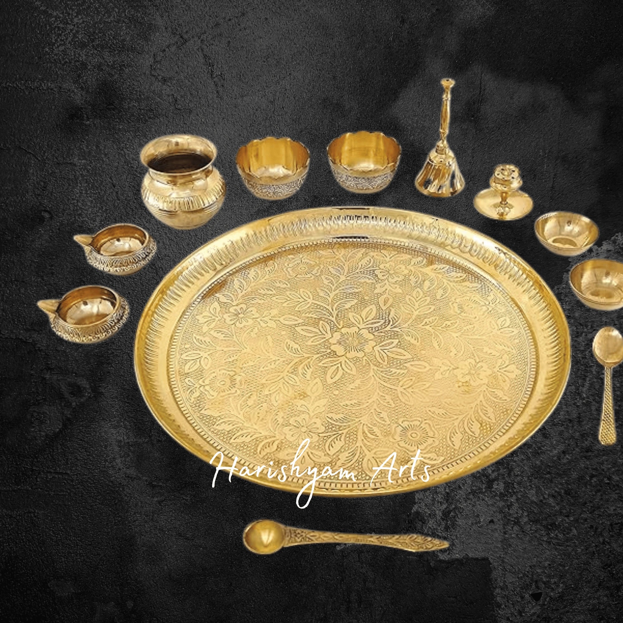 Brass Pooja Thali Set with Kalash Diya and Accessories for Home Temple