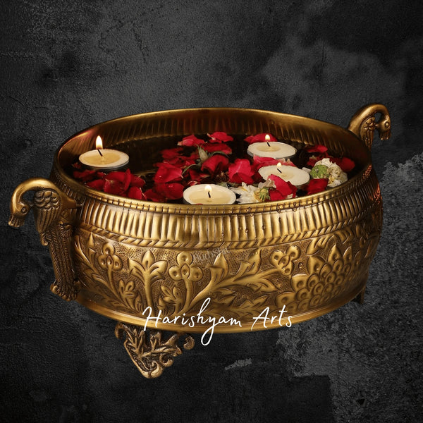 Brass Urli with Intricate Peacock Handles for Traditional Indian Decoration