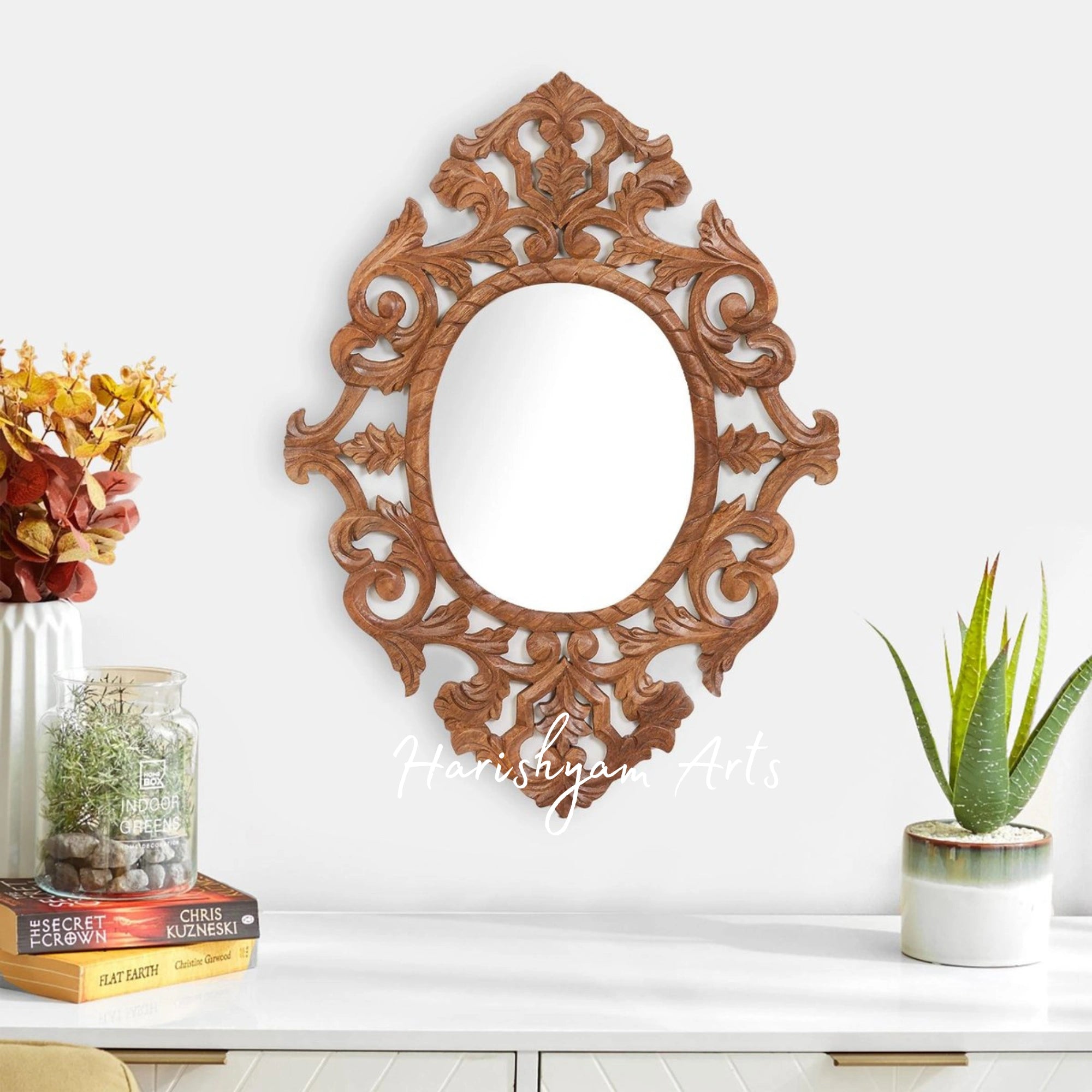 Brown Textured Oval Wooden Wall Mirror