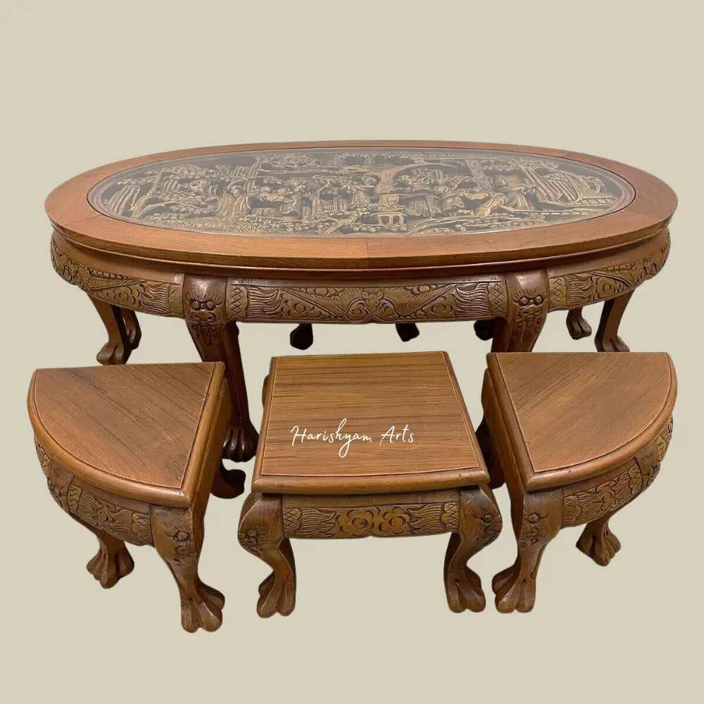 Carved Antique Coffee Table Set With 6 Nesting Chairs
