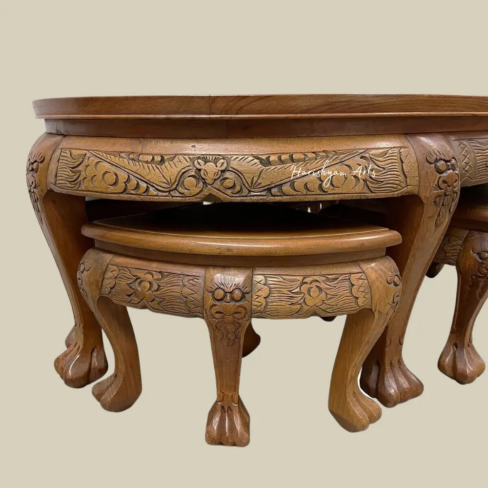 Carved Antique Coffee Table Set With 6 Nesting Chairs
