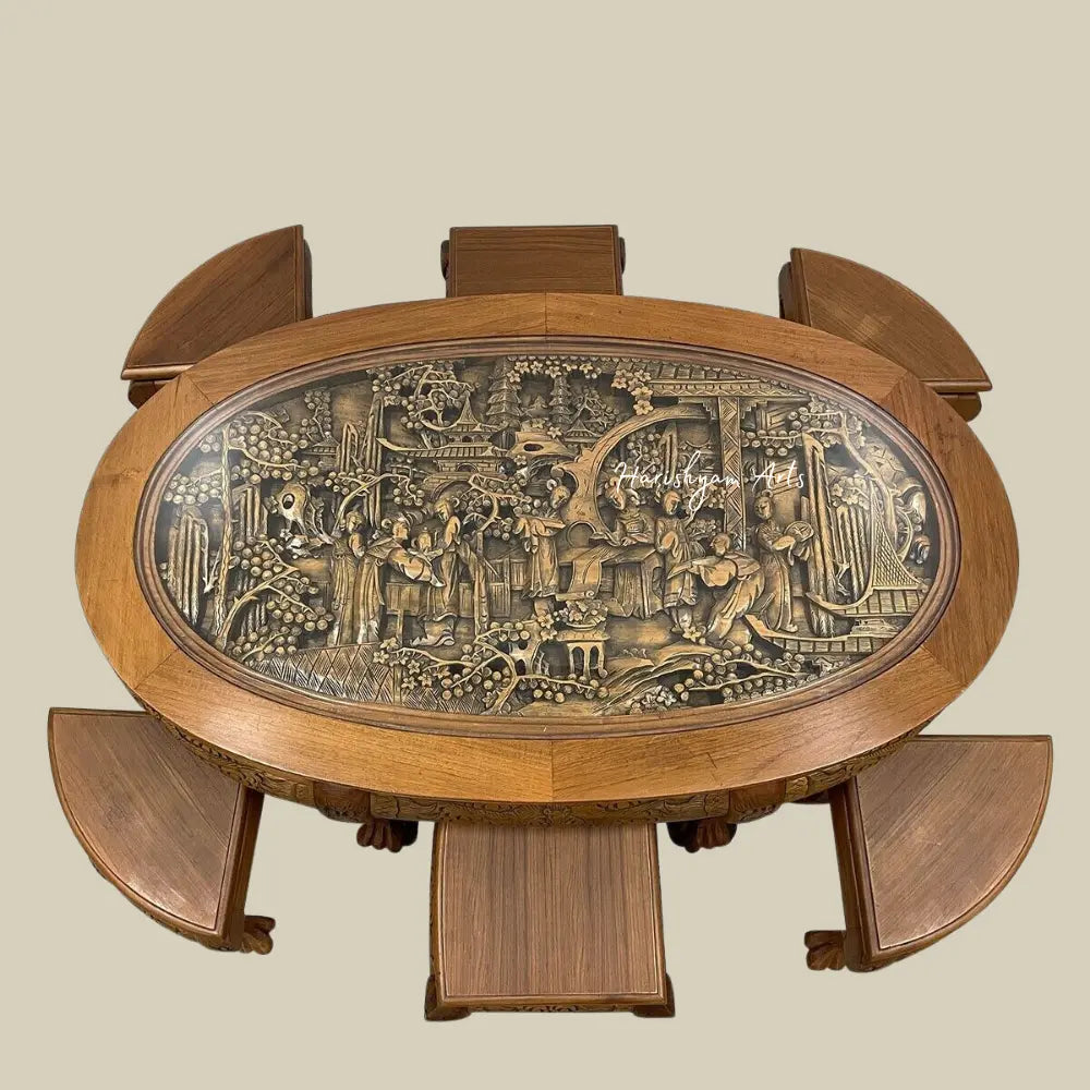 Carved Antique Coffee Table Set With 6 Nesting Chairs