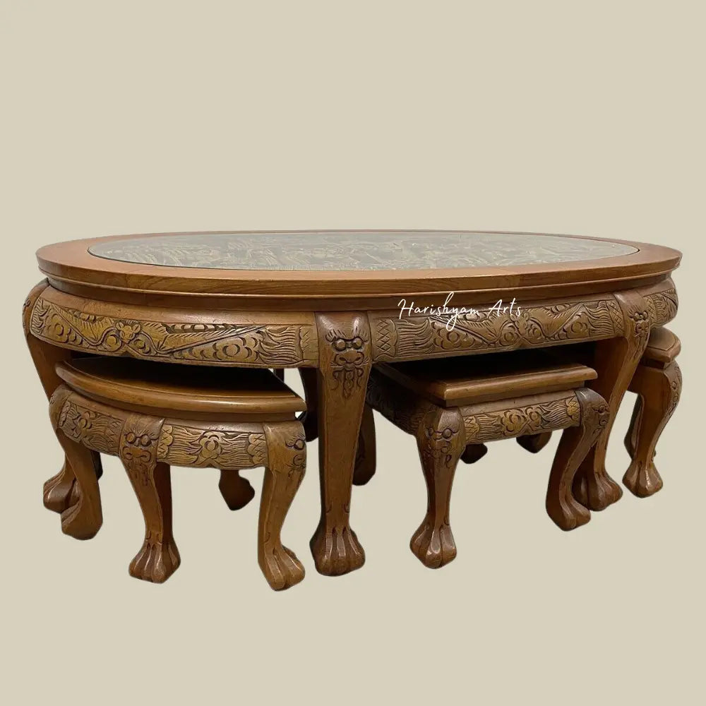 Carved Antique Coffee Table Set With 6 Nesting Chairs