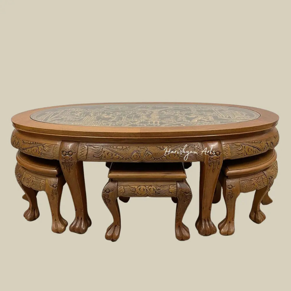 Carved Antique Coffee Table Set With 6 Nesting Chairs