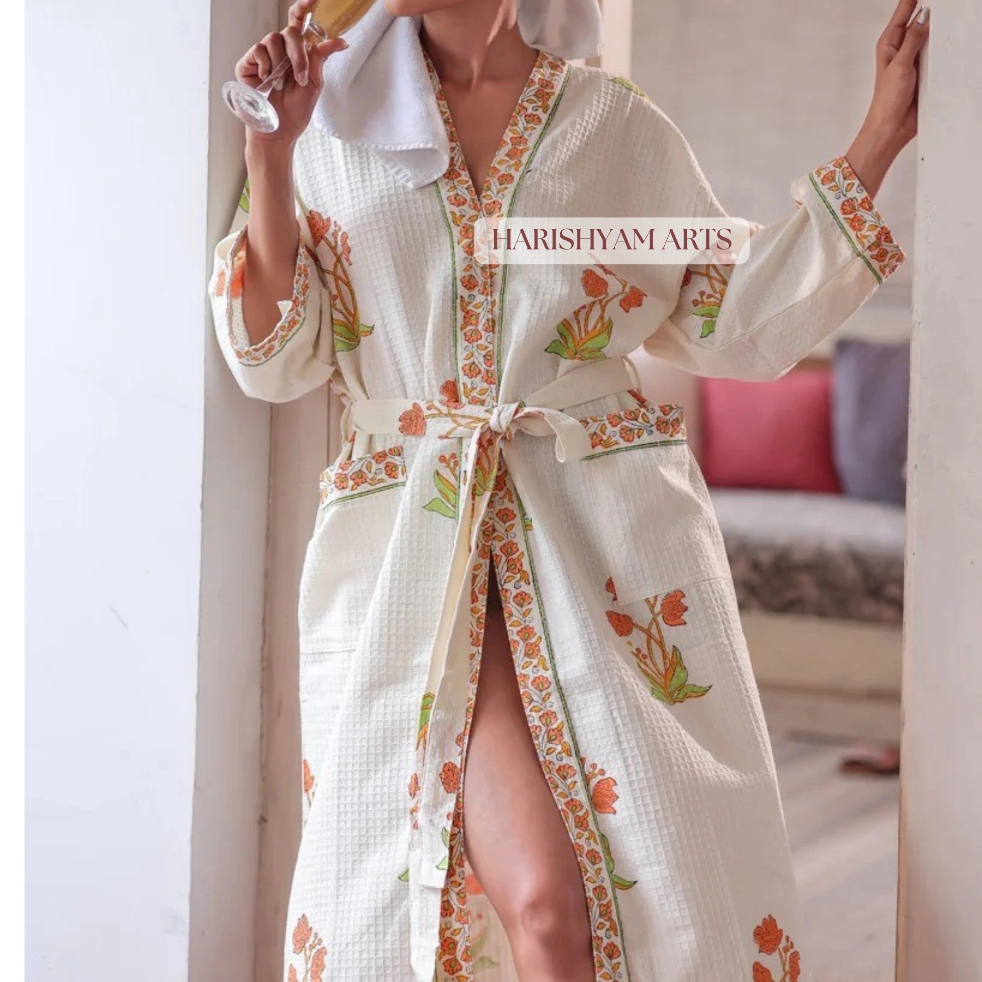 Citrus Bloom Hand Block Printed Waffle Weave Cotton Bathrobe