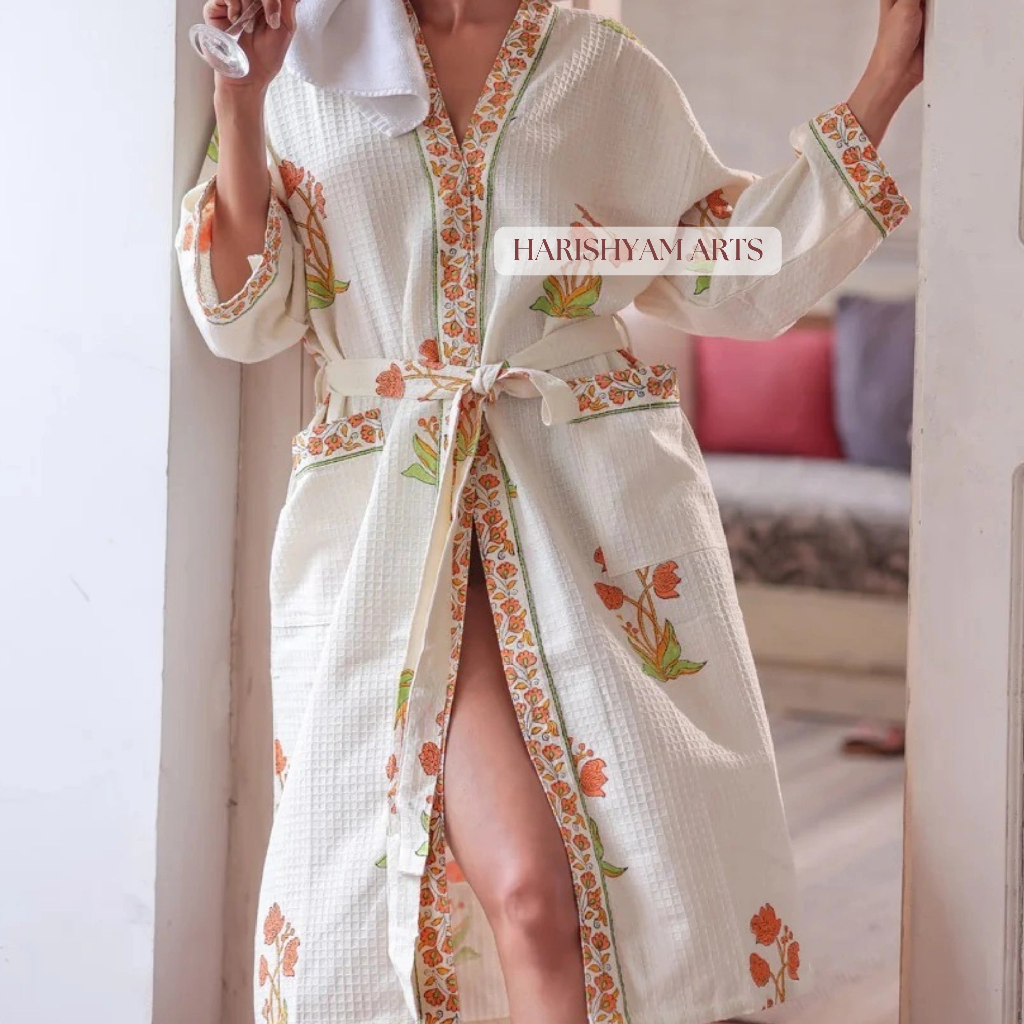 Citrus Bloom Hand Block Printed Waffle Weave Cotton Bathrobe