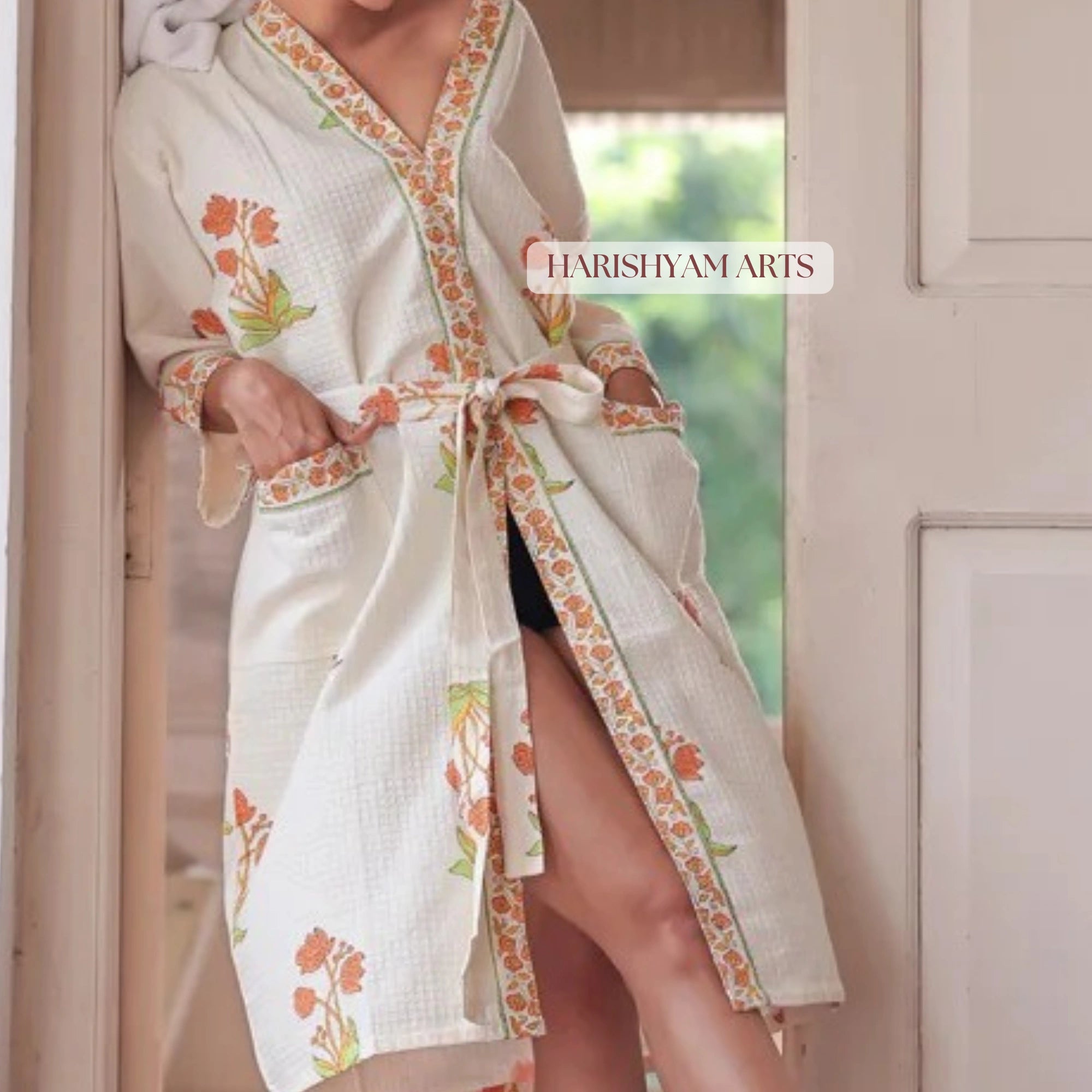 Citrus Bloom Hand Block Printed Waffle Weave Cotton Bathrobe