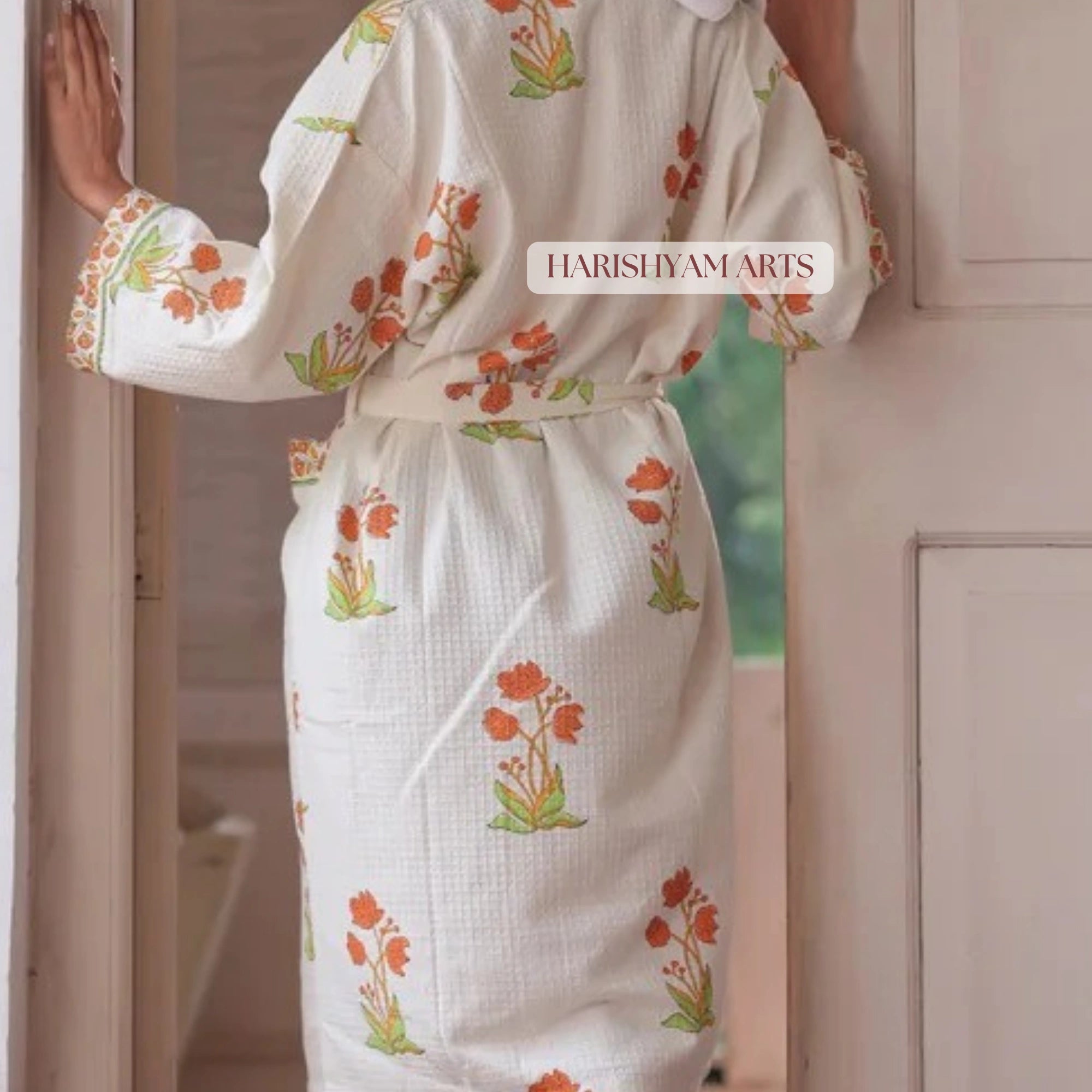 Citrus Bloom Hand Block Printed Waffle Weave Cotton Bathrobe