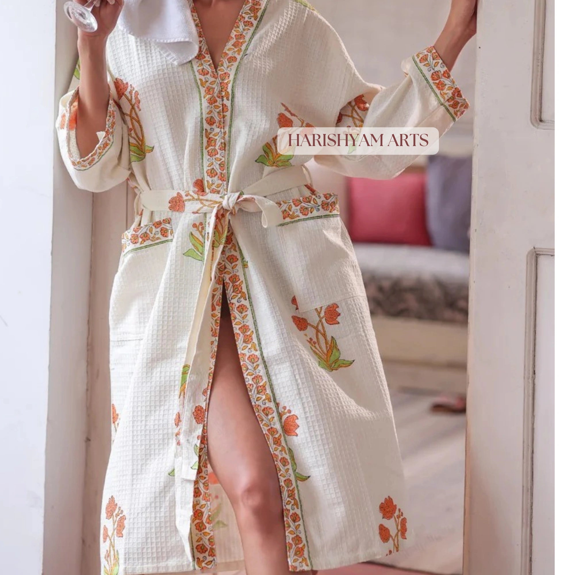Citrus Bloom Hand Block Printed Waffle Weave Cotton Bathrobe