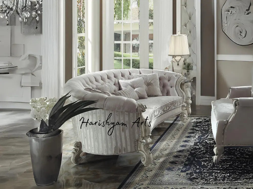 Classic 2-Piece Ivory Velvet Antique White Levon Curved Crystal Tufted Sofa Set