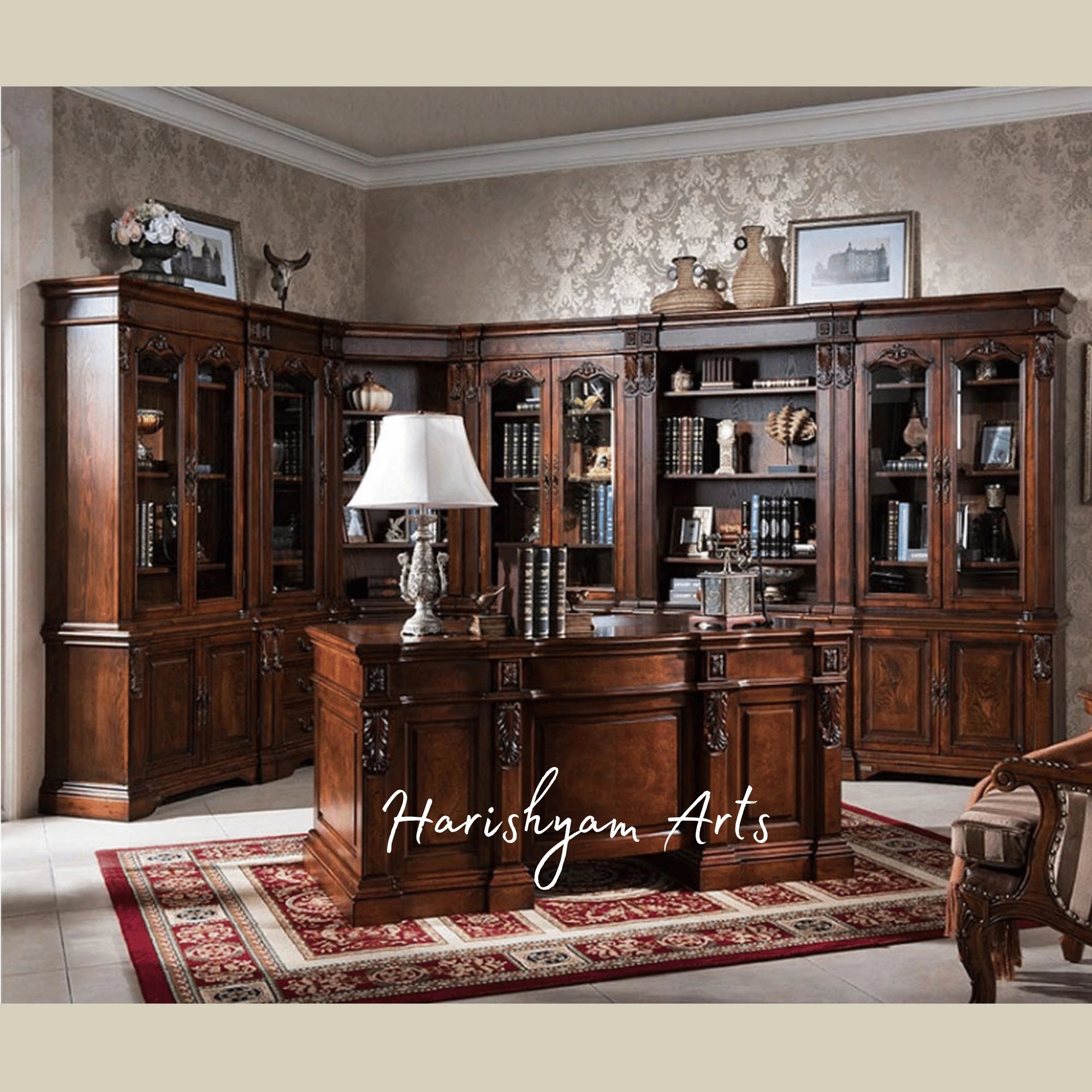 Classic Aristocrat Home Office Furniture Ensemble featuring Solid Wood Executive Desk and Large Antique Bookcase Display
