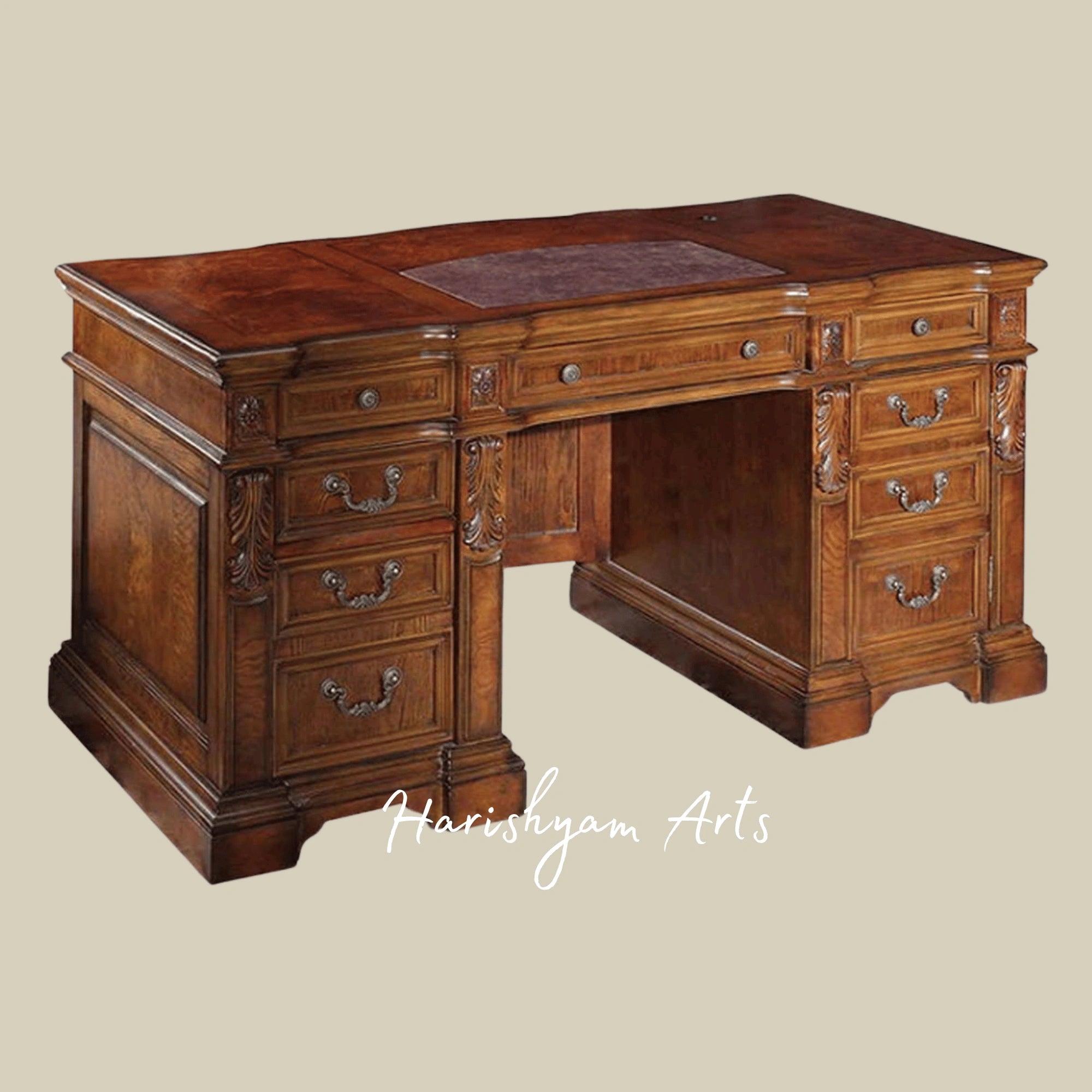Classic Aristocrat Home Office Furniture Ensemble featuring Solid Wood Executive Desk and Large Antique Bookcase Display