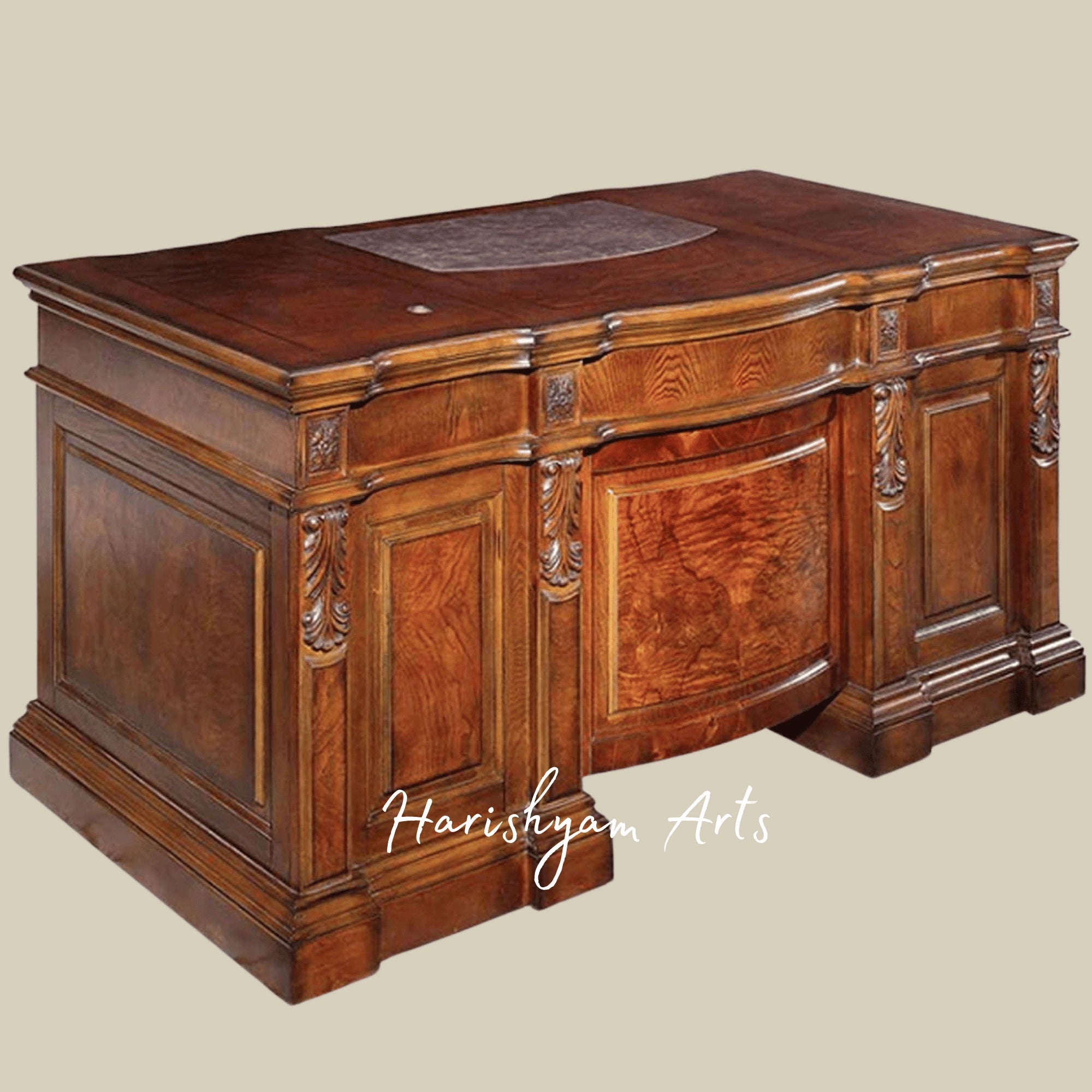 Classic Aristocrat Home Office Furniture Ensemble featuring Solid Wood Executive Desk and Large Antique Bookcase Display