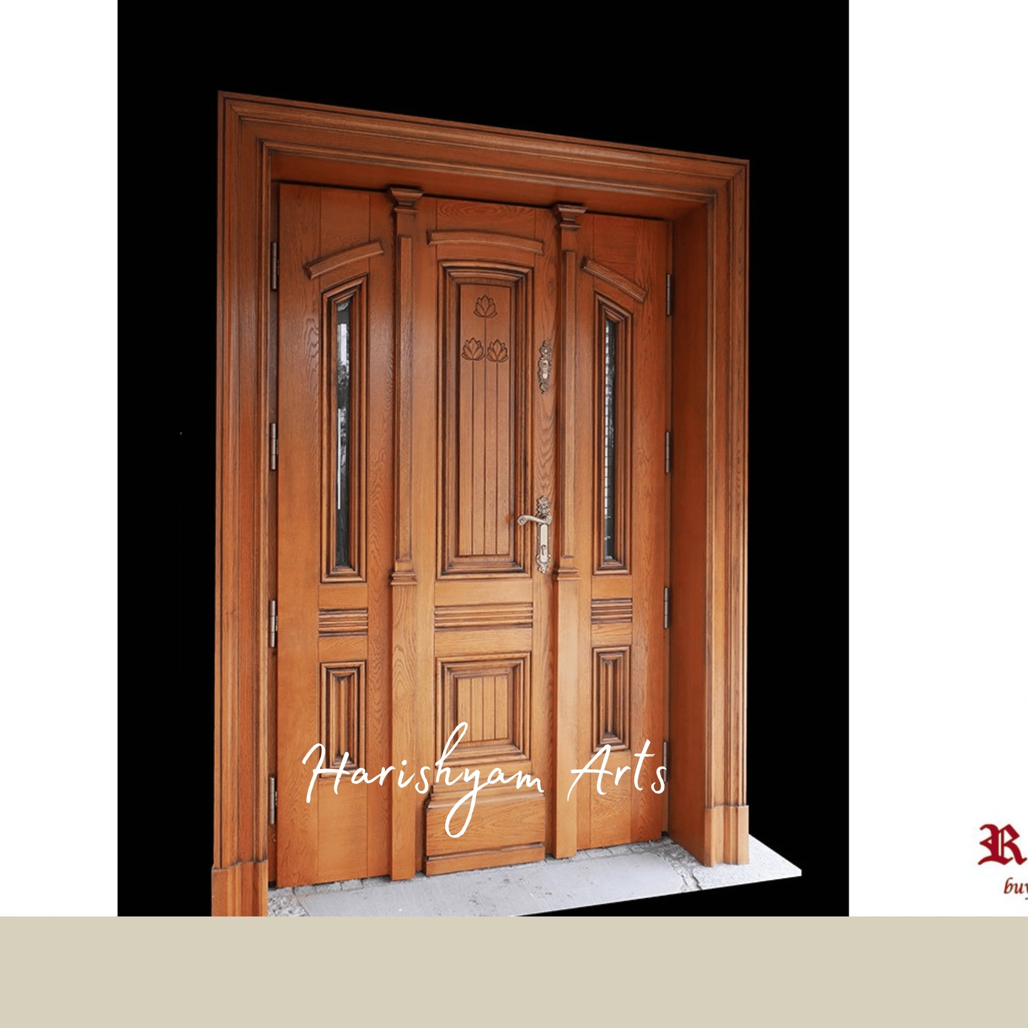 Classic Colonial Double Door – Solid Teak Main Entrance with Grand Portico, Neo-Classical Mansion Entry, Luxury Villa Wooden Door3