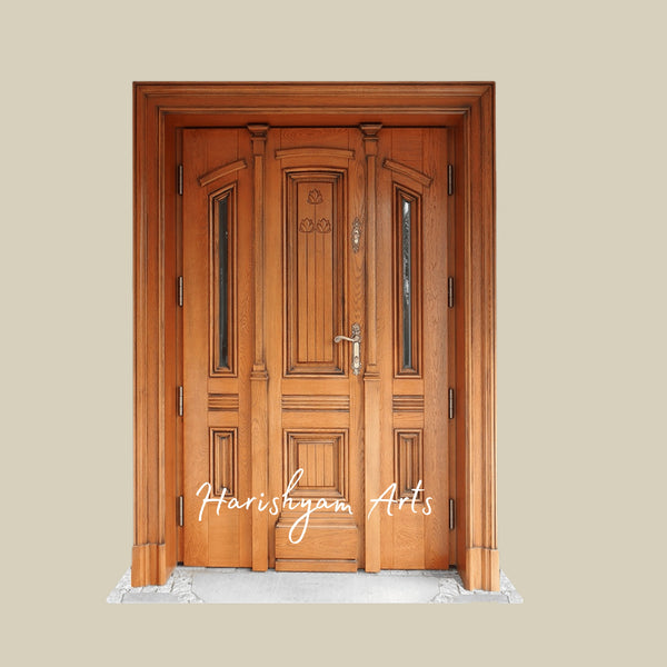 Classic Colonial Double Door – Solid Teak Main Entrance with Grand Portico, Neo-Classical Mansion Entry, Luxury Villa Wooden Door