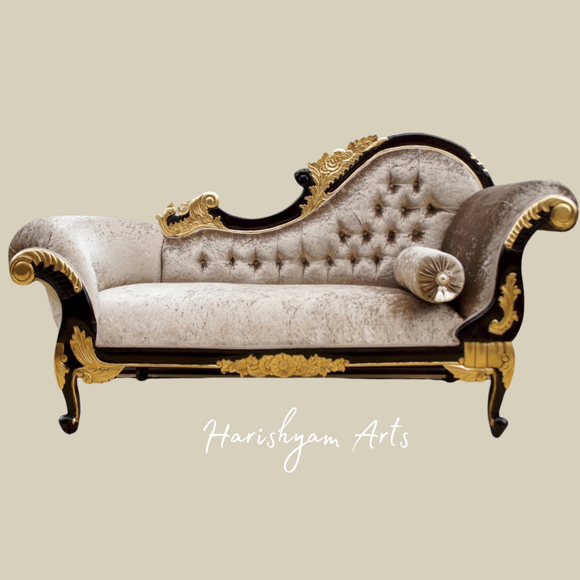 Classic Designer Royal Wooden Chaise Lounge in Gold Finish with Regal Upholstery and Curved Armrest