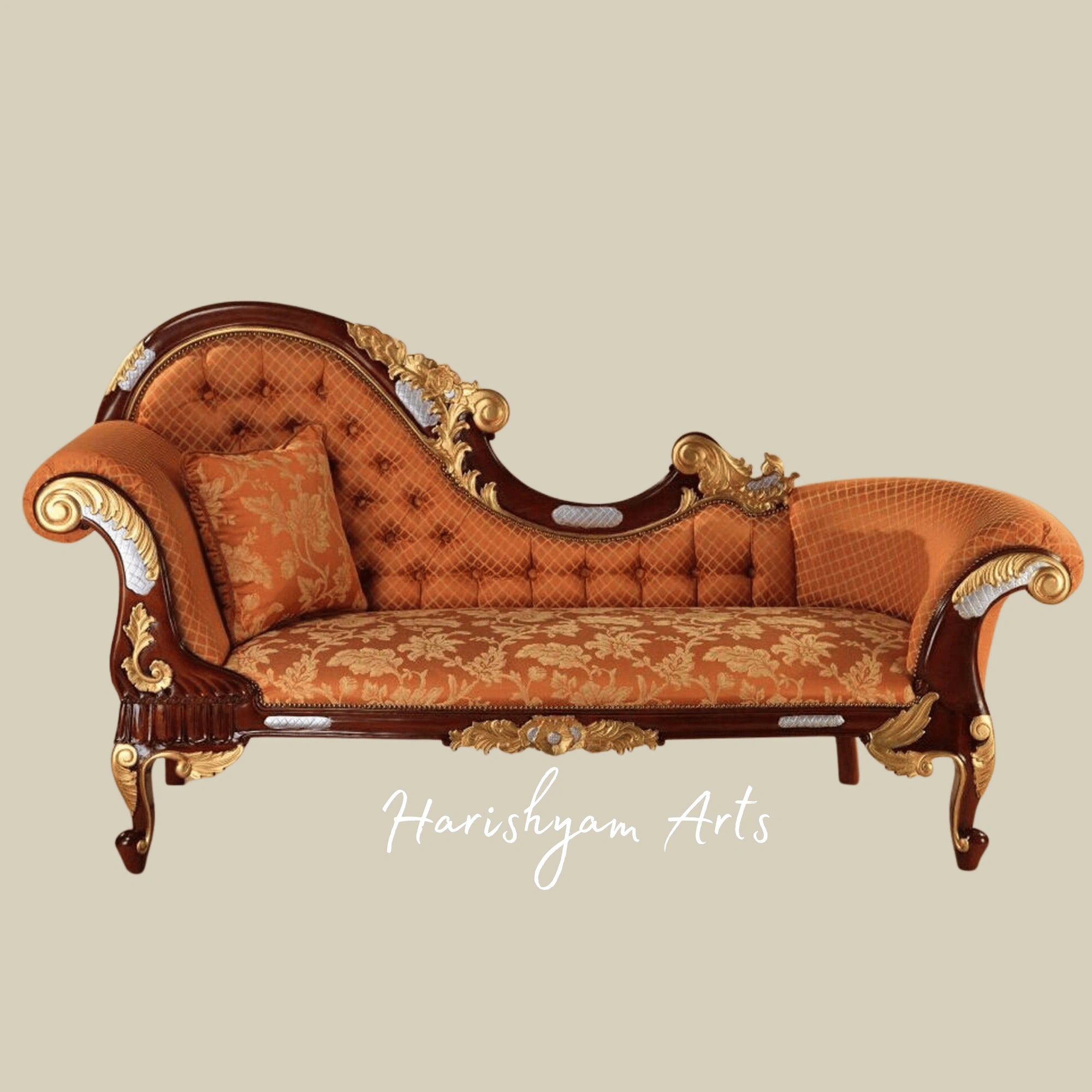 Classic Designer Royal Wooden Chaise Lounge in Gold Finish with Regal Upholstery and Curved Armrest