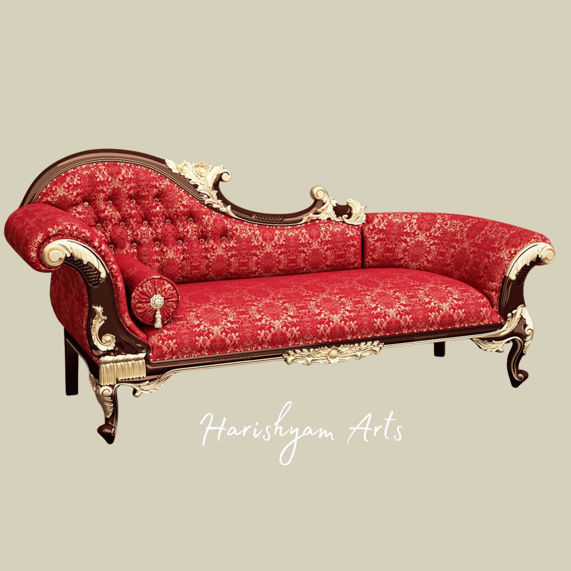 Classic Designer Royal Wooden Chaise Lounge in Gold Finish with Regal Upholstery and Curved Armrest3