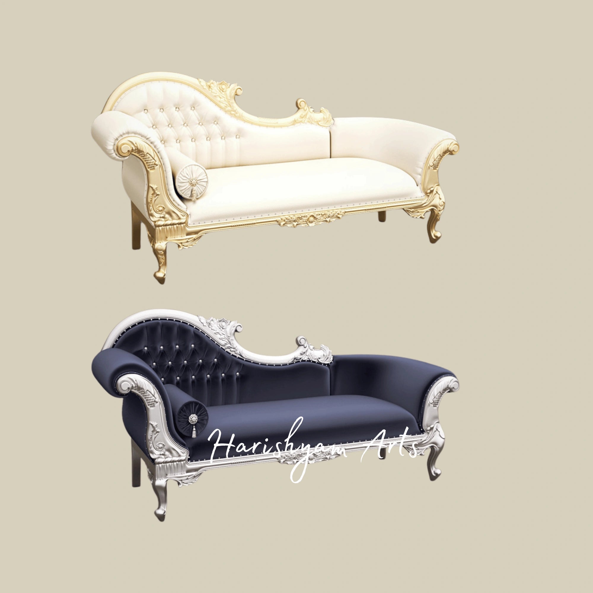 Classic Designer Royal Wooden Chaise Lounge in Gold Finish with Regal Upholstery and Curved Armrest4