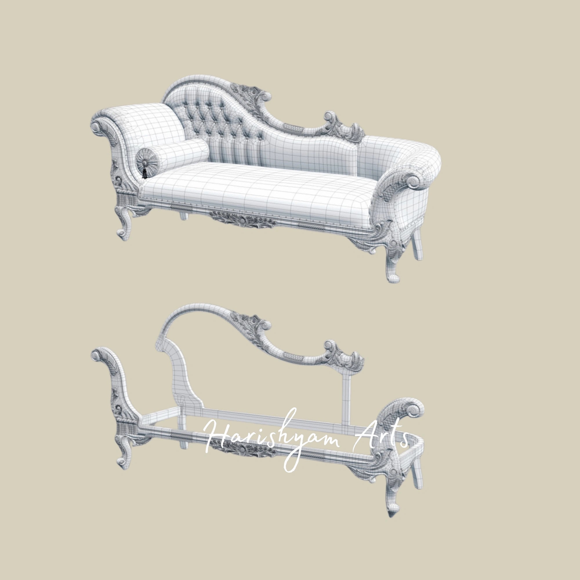 Classic Designer Royal Wooden Chaise Lounge in Gold Finish with Regal Upholstery and Curved Armrest5