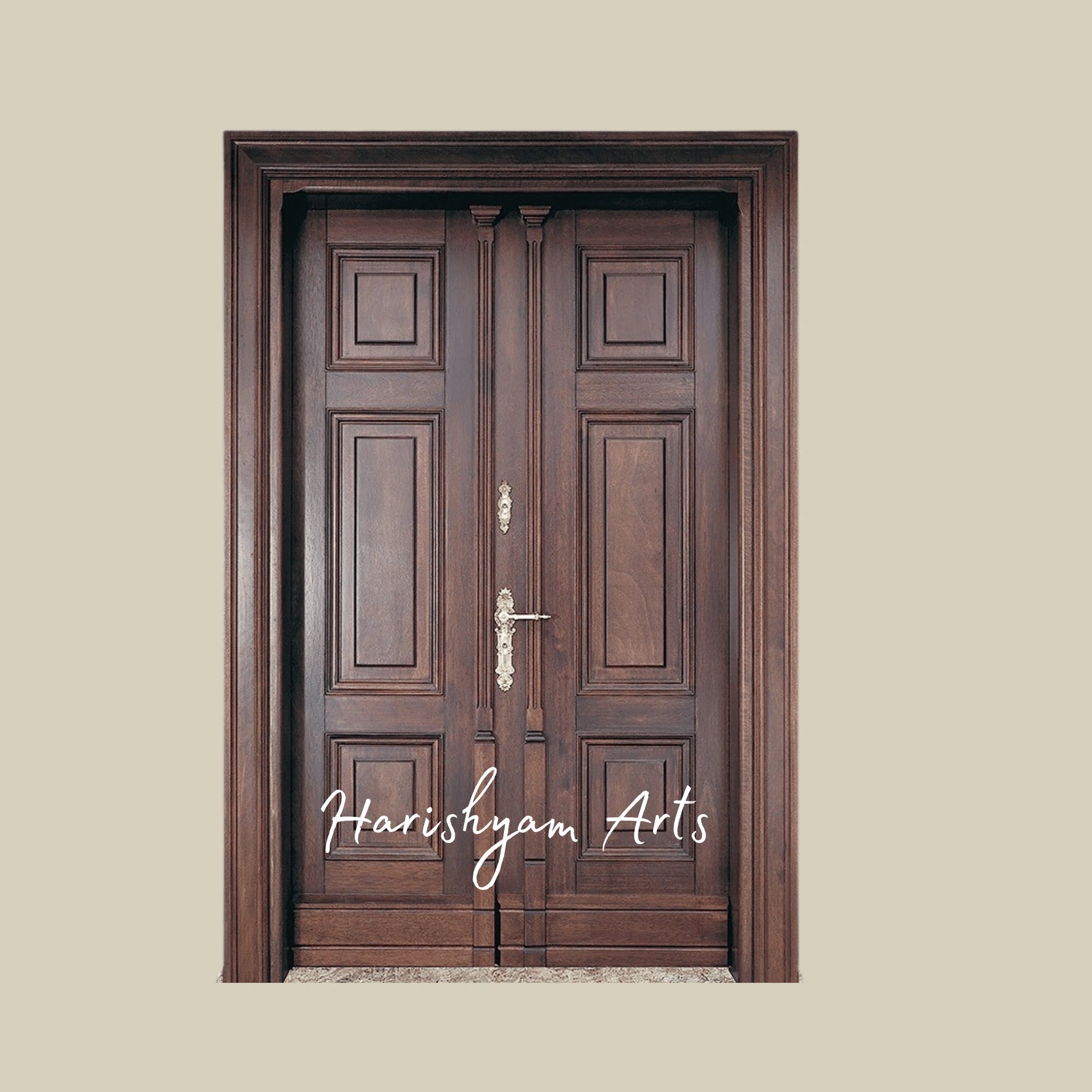 Classic Estate Double Door – Solid Teak Main Entrance with Grand Columned Portico, Neo-Classical Villa Entry Door1