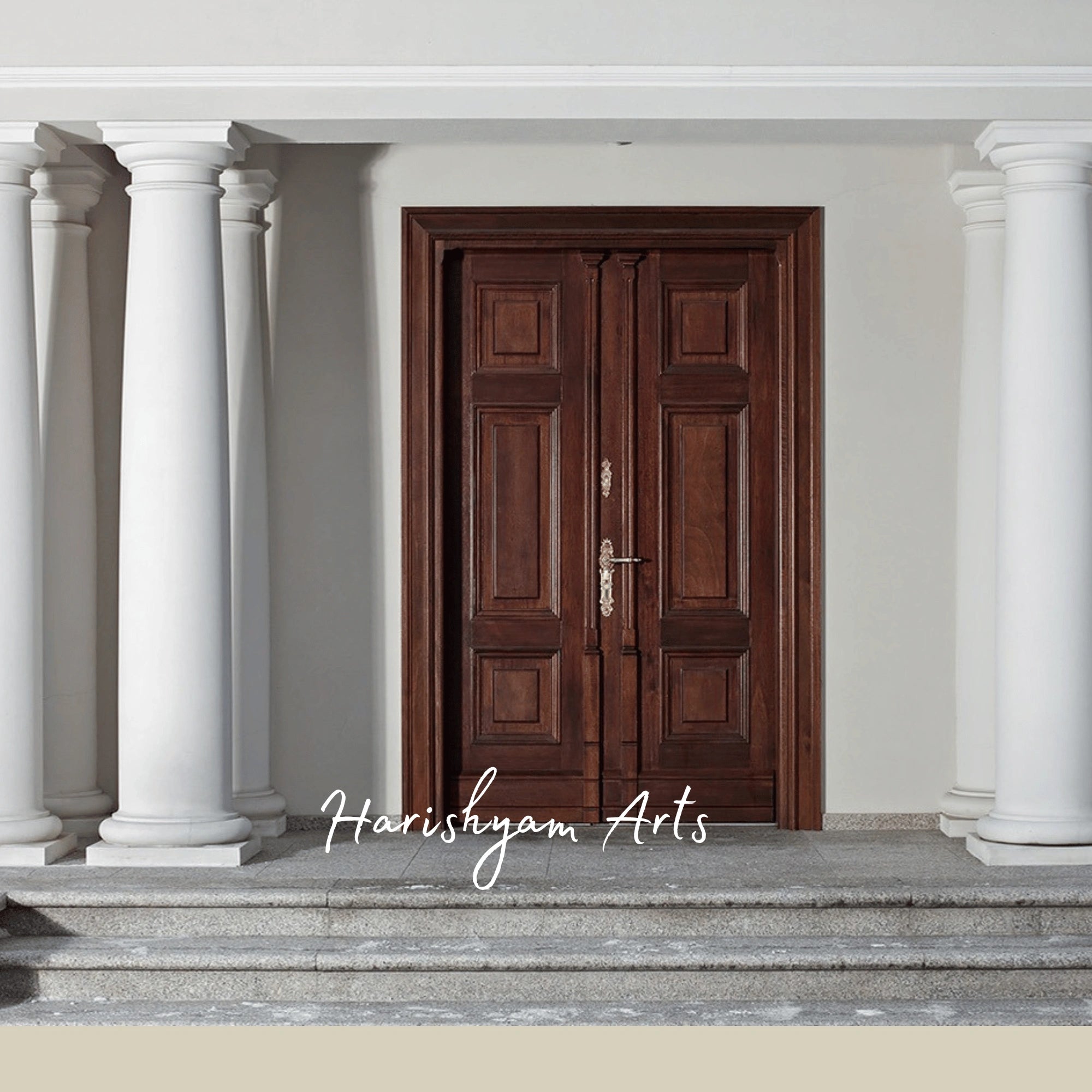 Classic Estate Double Door – Solid Teak Main Entrance with Grand Columned Portico, Neo-Classical Villa Entry Door3