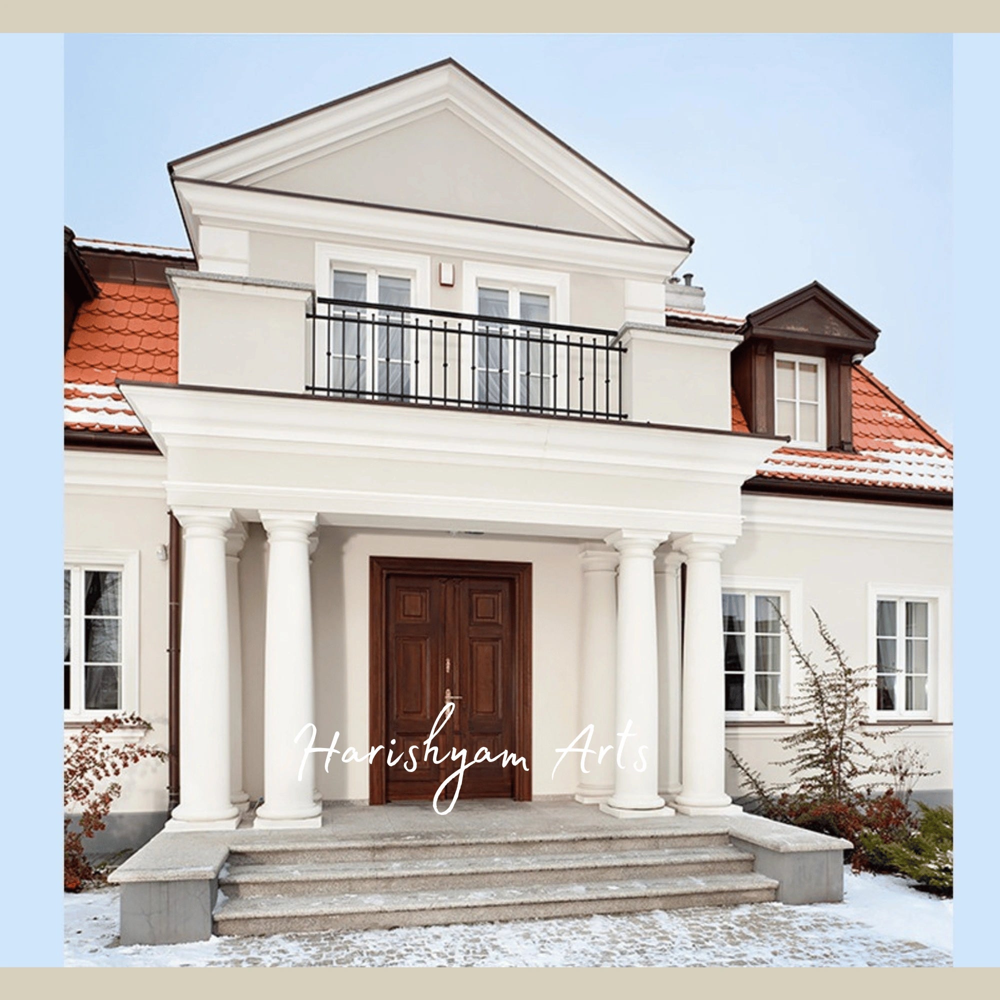 Classic Estate Double Door – Solid Teak Main Entrance with Grand Columned Portico, Neo-Classical Villa Entry Door