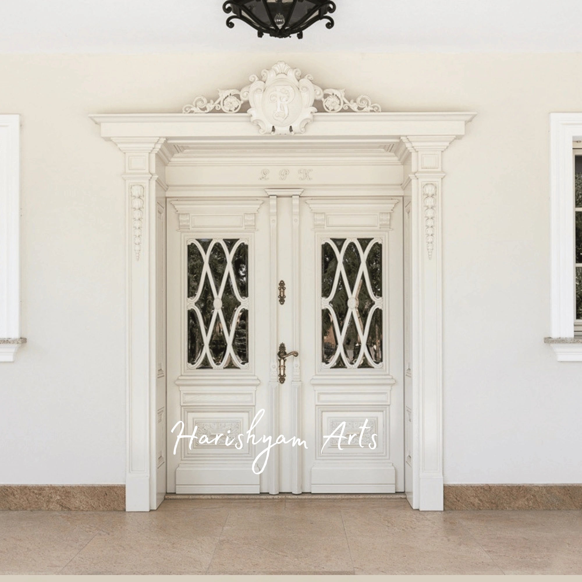 Classic European Ivory Double Door – Ornate Designer Entrance with Antique Finish