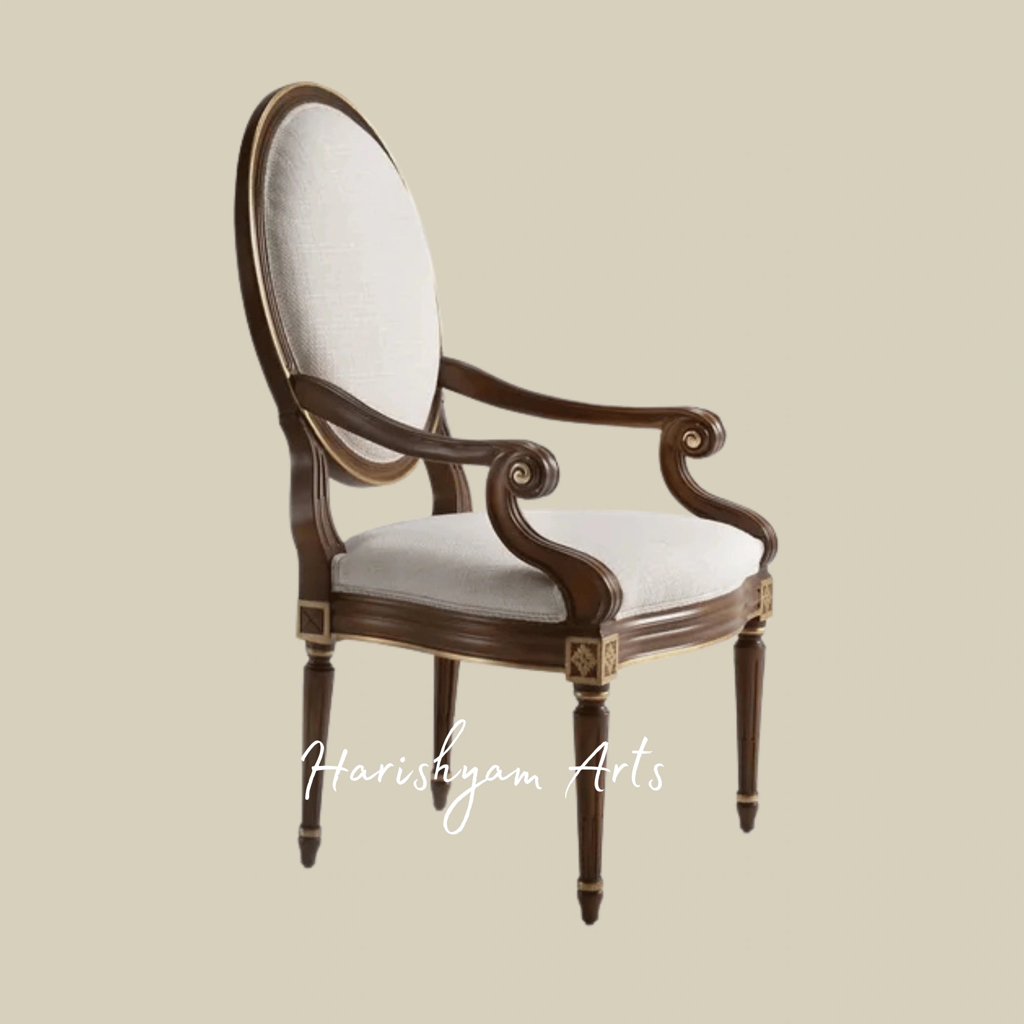 Classic French Oval Back Armchair with Carved Wooden Frame and Upholstered Seat