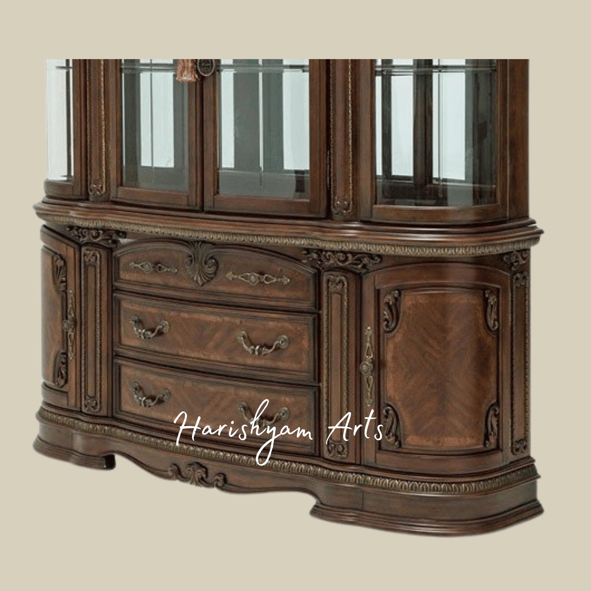 Classic Majestic Crockery Storage Almirah with Decorative Glass Doors and Rich Walnut Finish1