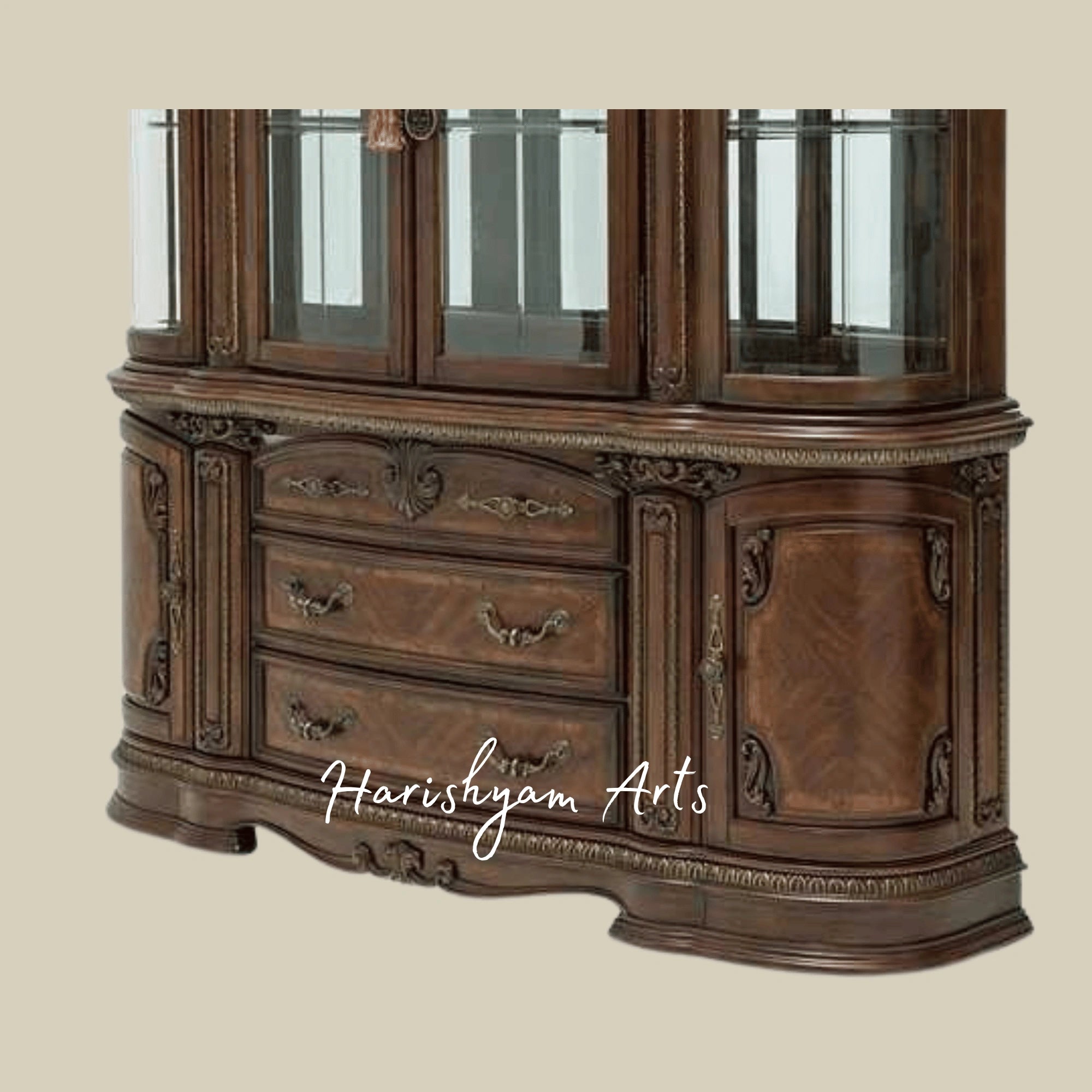 Classic Majestic Crockery Storage Almirah with Decorative Glass Doors and Rich Walnut Finish2