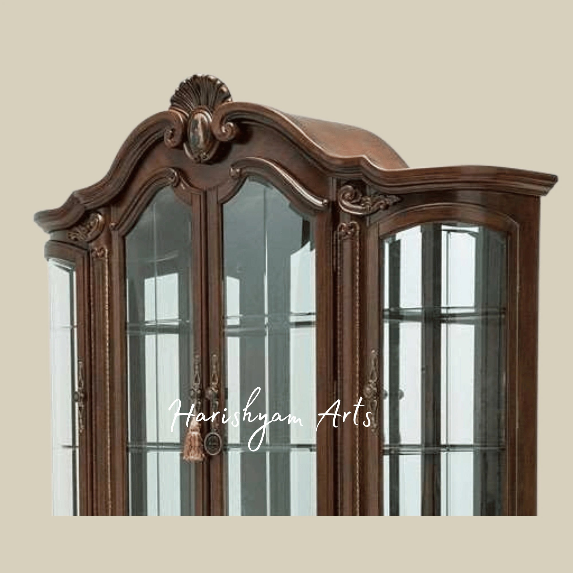 Classic Majestic Crockery Storage Almirah with Decorative Glass Doors and Rich Walnut Finish3