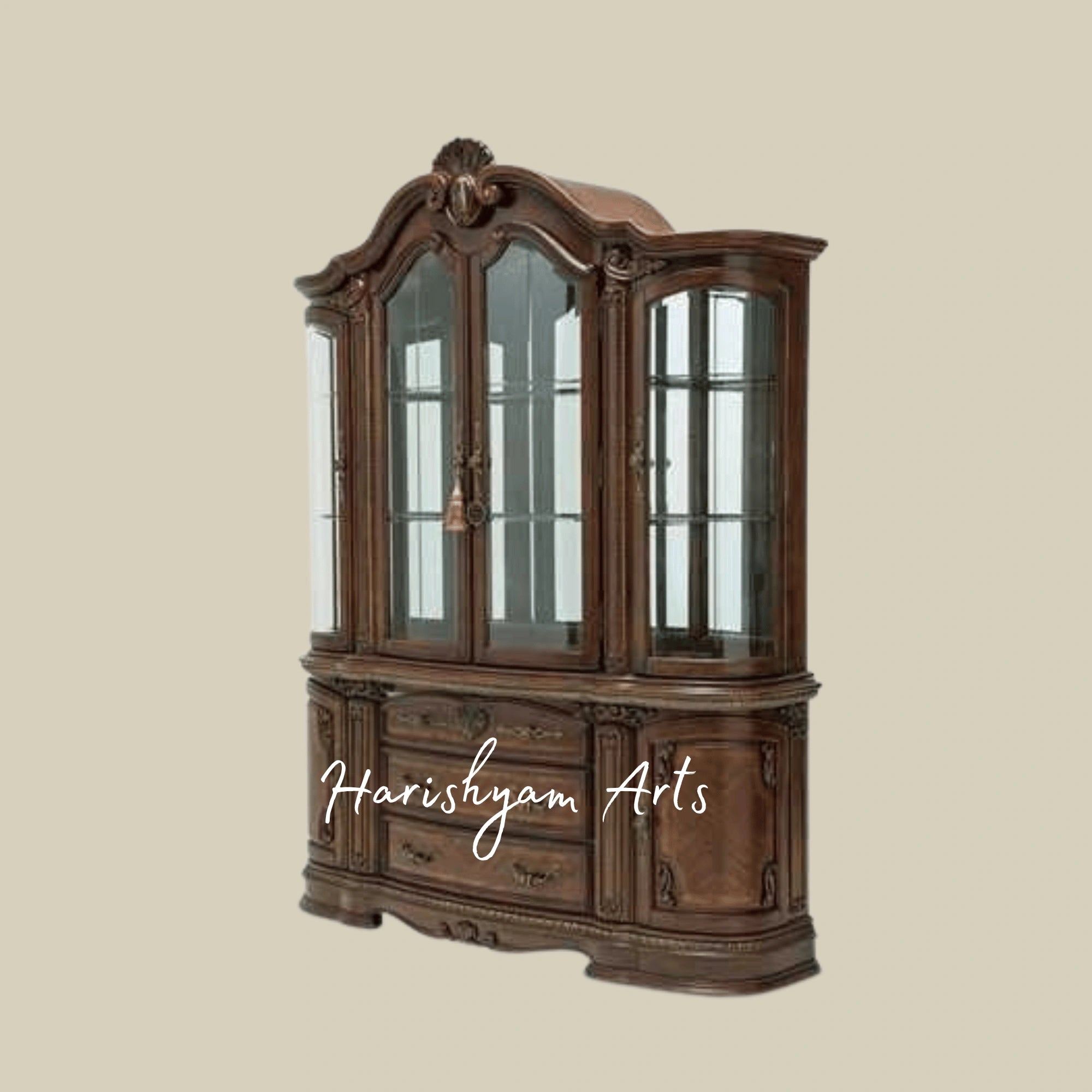Classic Majestic Crockery Storage Almirah with Decorative Glass Doors and Rich Walnut Finish4