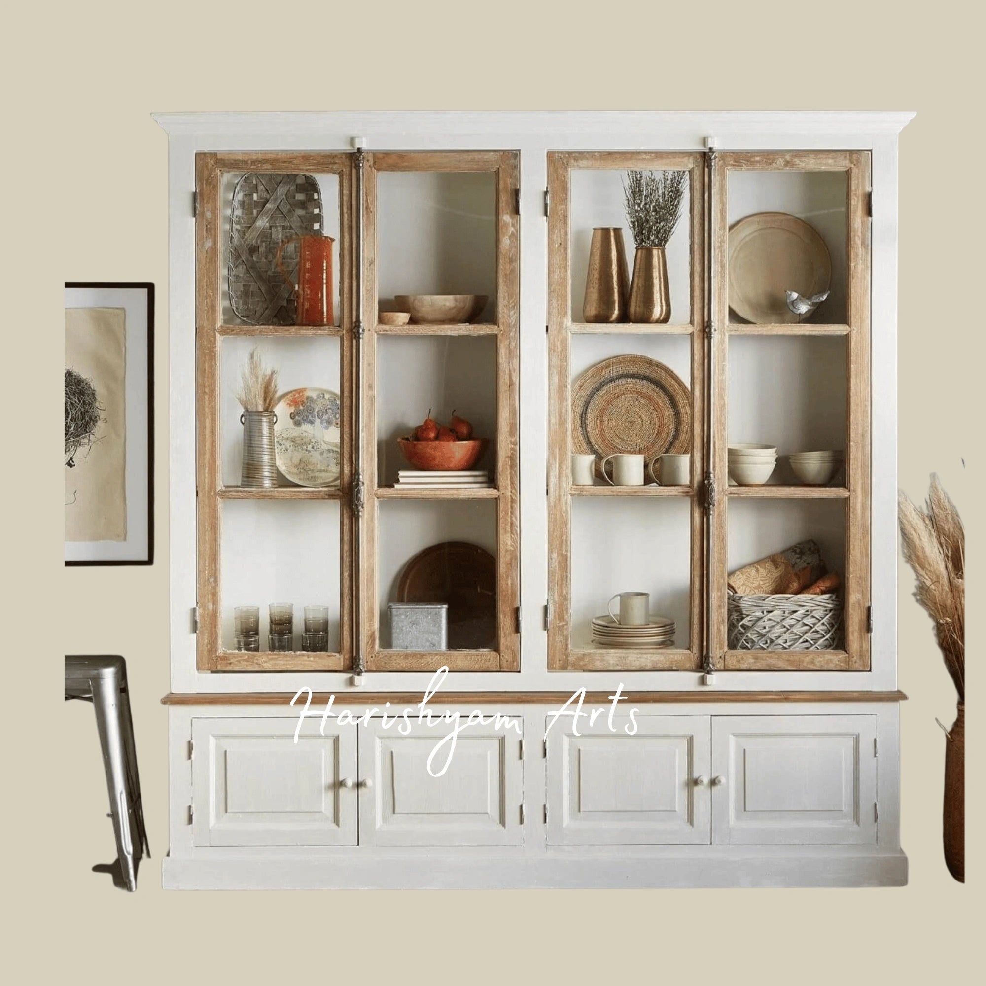 Rustic Farmhouse Wooden Crockery Display Cabinet with Dual-Tone Finish and Glass Front Doors