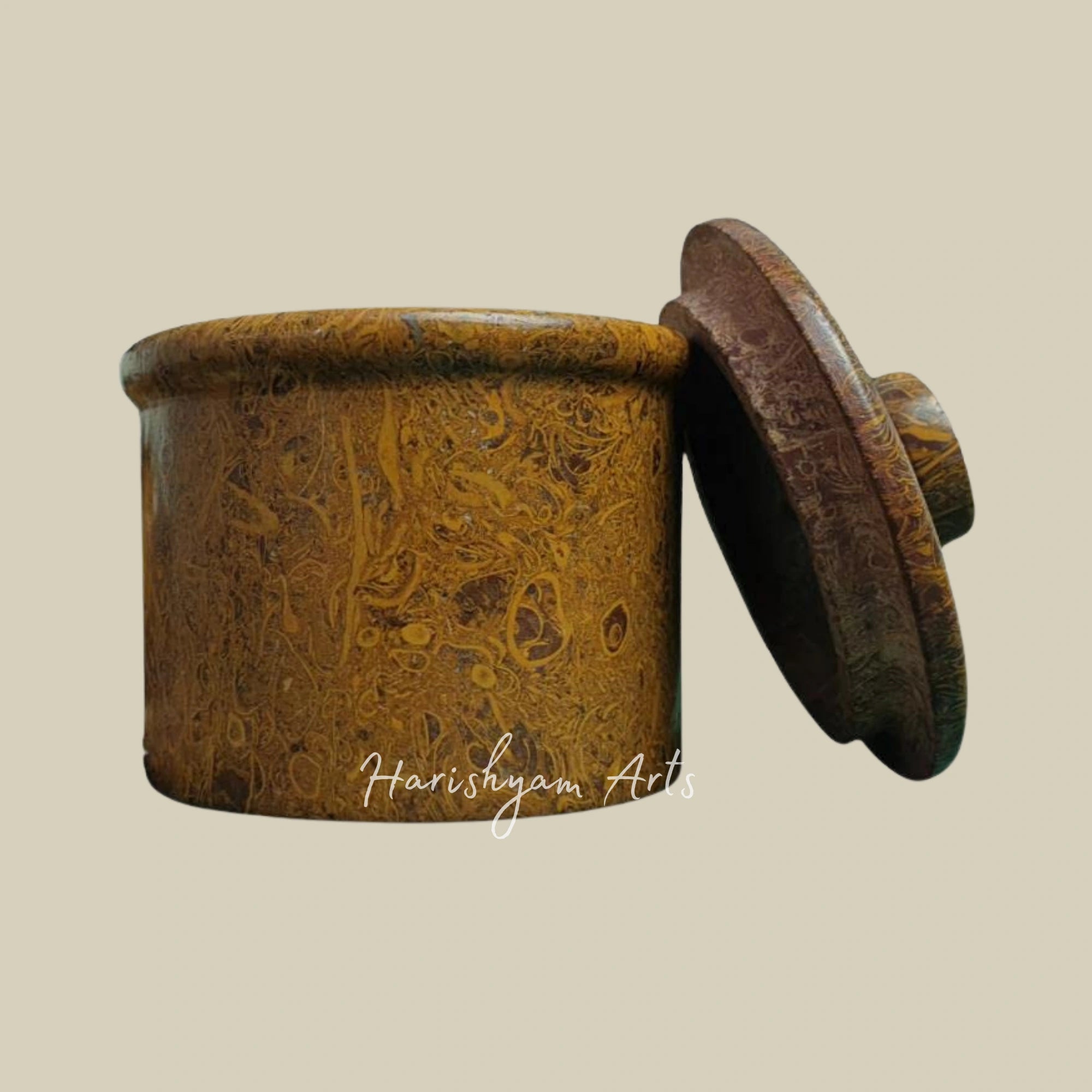 Decorative Habur Stone Container Ancient Fossilized Carved Kitchen Storage Maatir Collection Lidded Vessel