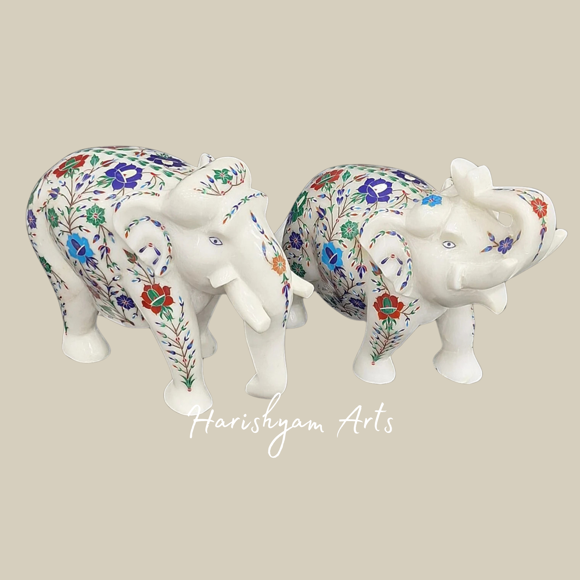 Decorative Marble Elephant Figurine with Inlay Stone Work