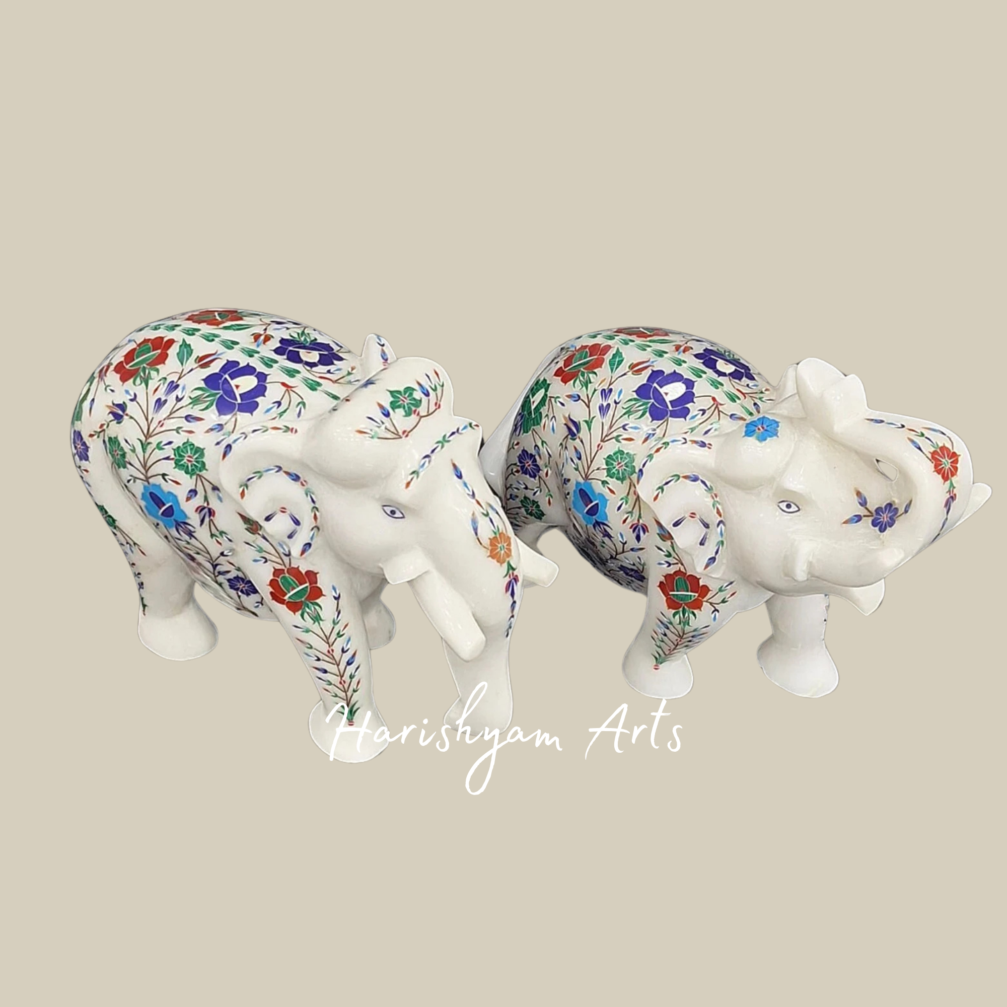 Decorative Marble Elephant Figurine with Inlay Stone Work
