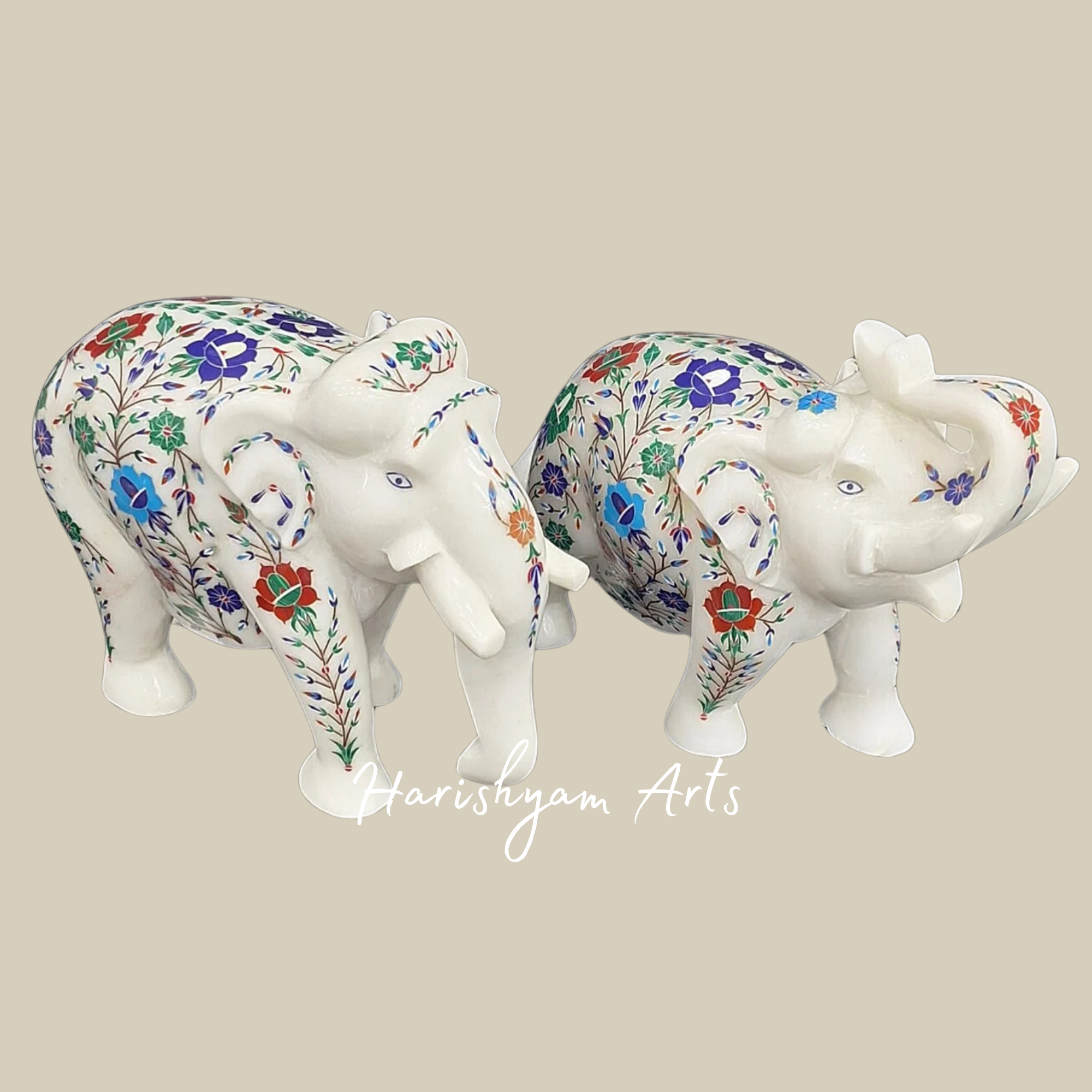Decorative Marble Elephant Figurine with Inlay Stone Work
