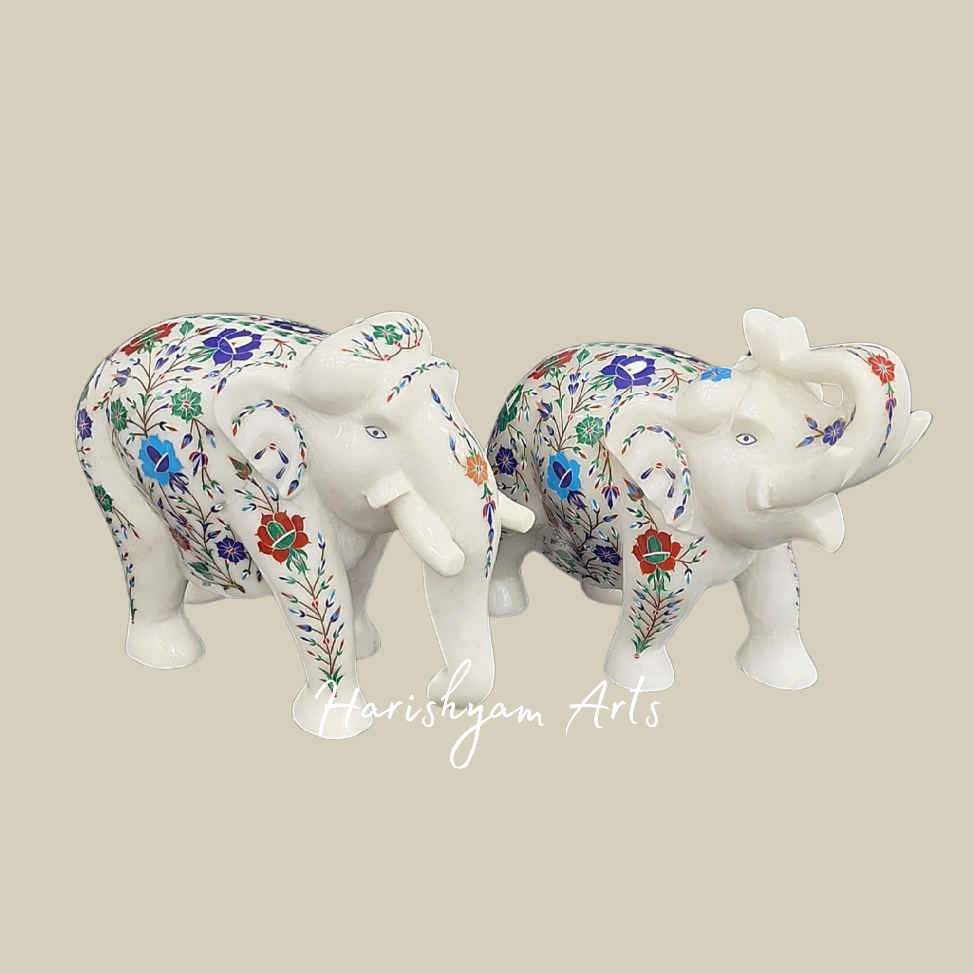 Decorative Marble Elephant Figurine with Inlay Stone Work