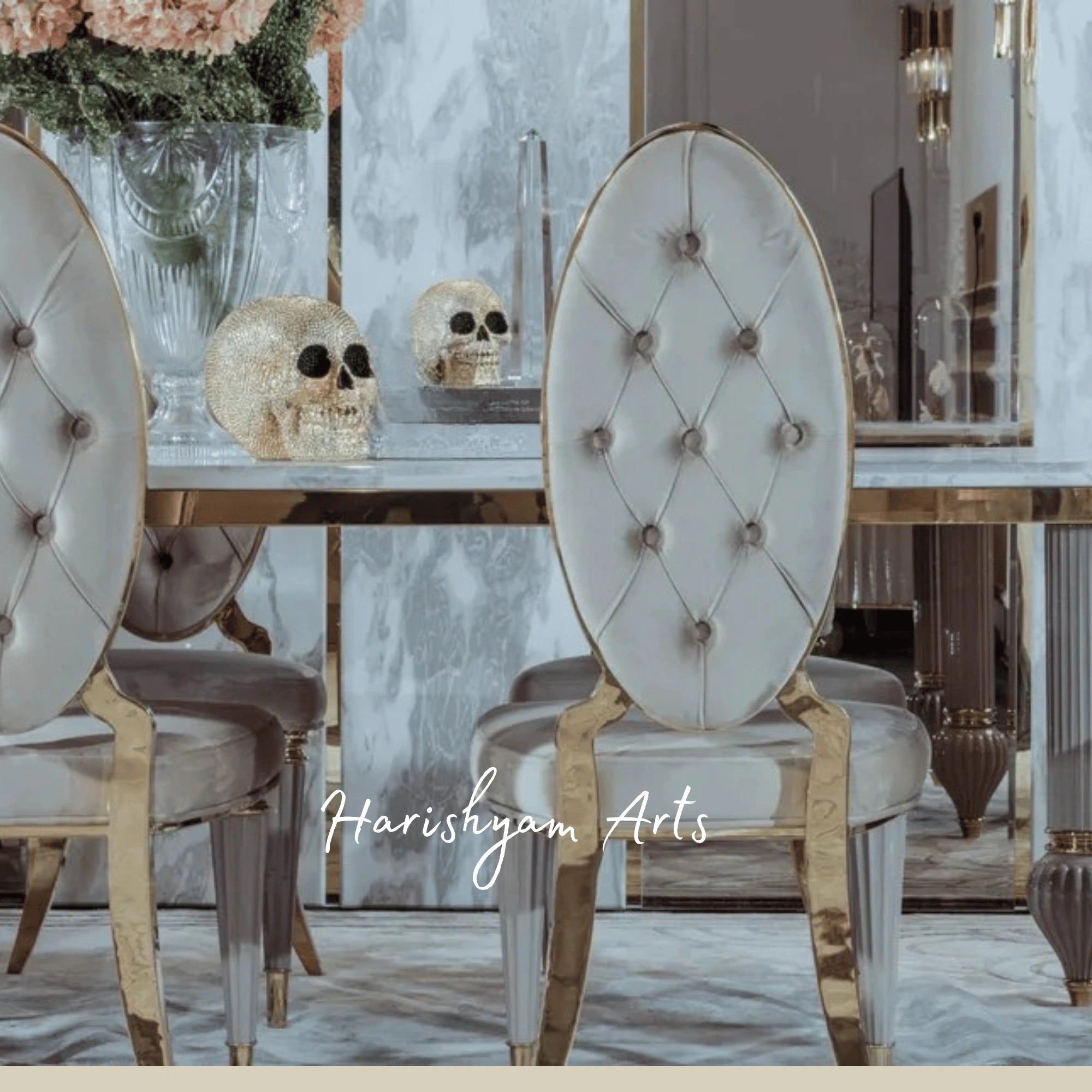 Designer Oval Back Dining Chair with Soft Velvet Upholstery, Padded Seat, and Stylish Gold Accents