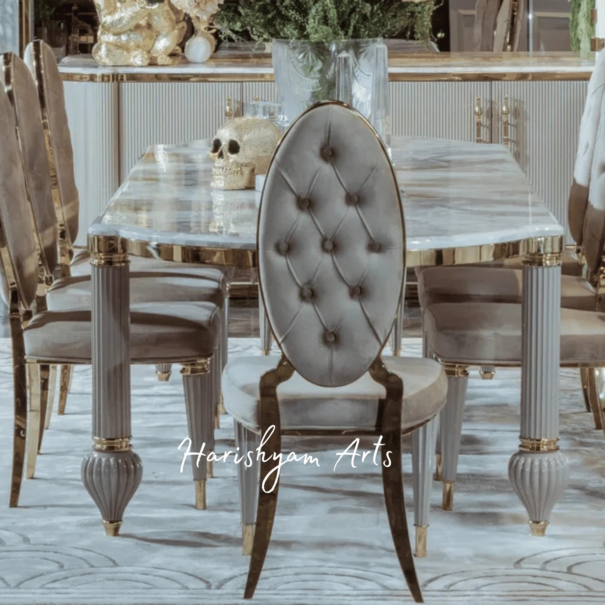 Designer Oval Back Dining Chair with Soft Velvet Upholstery, Padded Seat, and Stylish Gold Accents