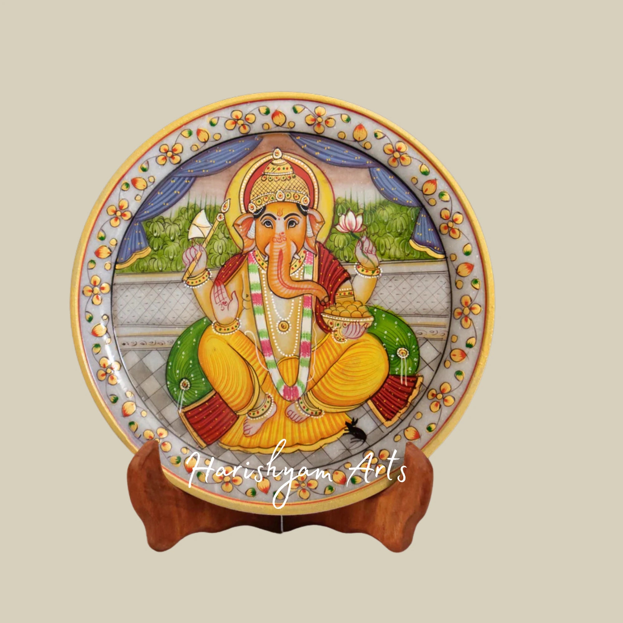 Divine Lord Ganesha Marble Plate With Gold Leaf Handcrafted Decor