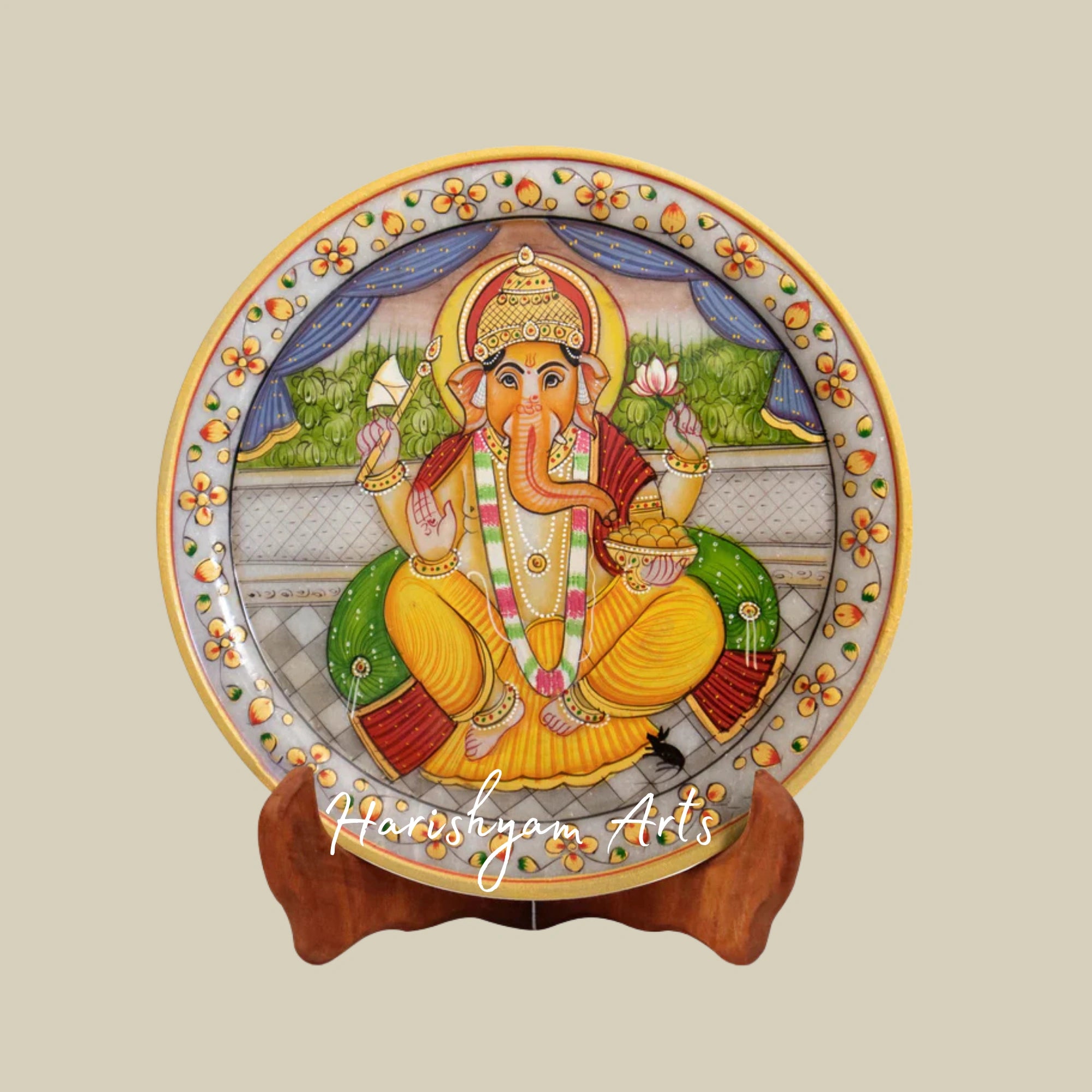 Divine Lord Ganesha Marble Plate With Gold Leaf Handcrafted Decor