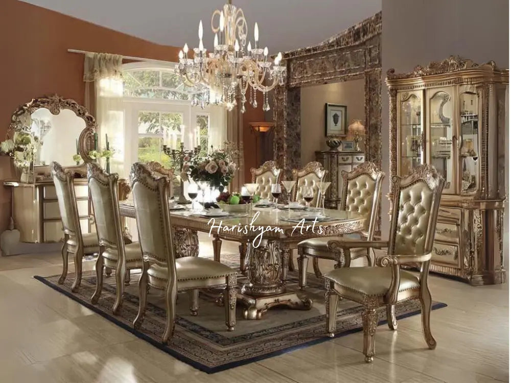 Double Pedestal Dining Set with Gold Patina and Bone Accents