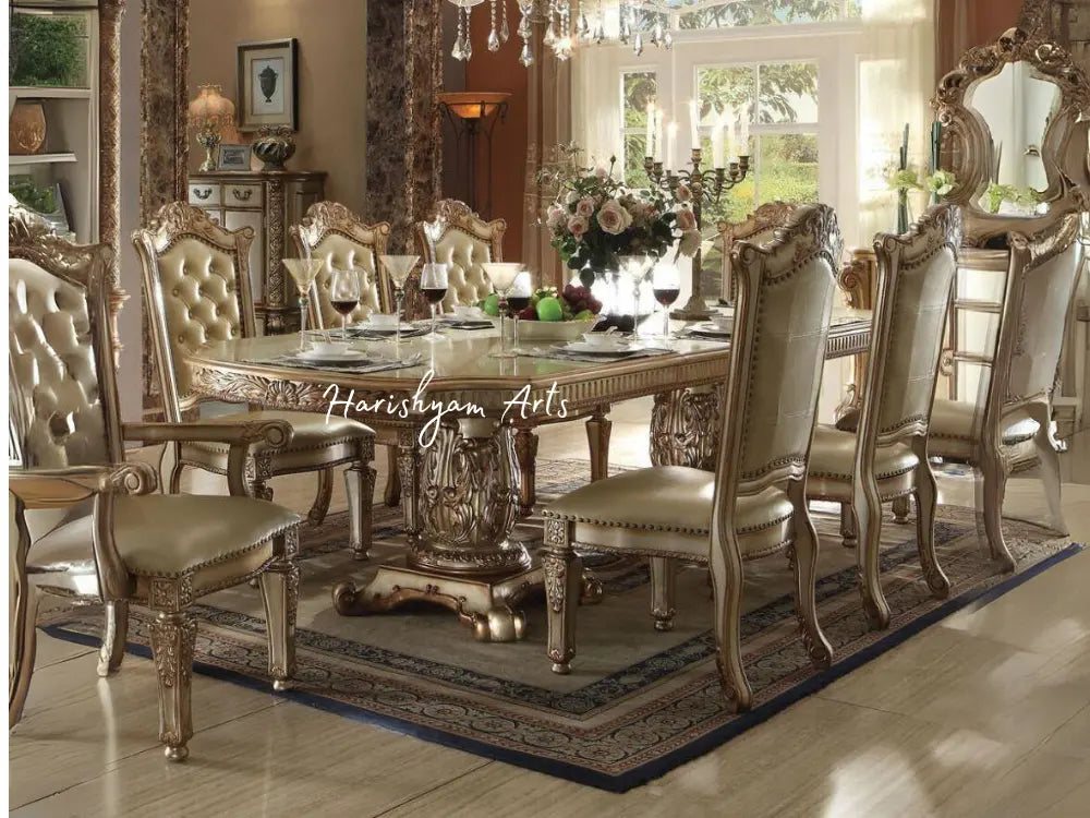 Double Pedestal Dining Set with Gold Patina and Bone Accents