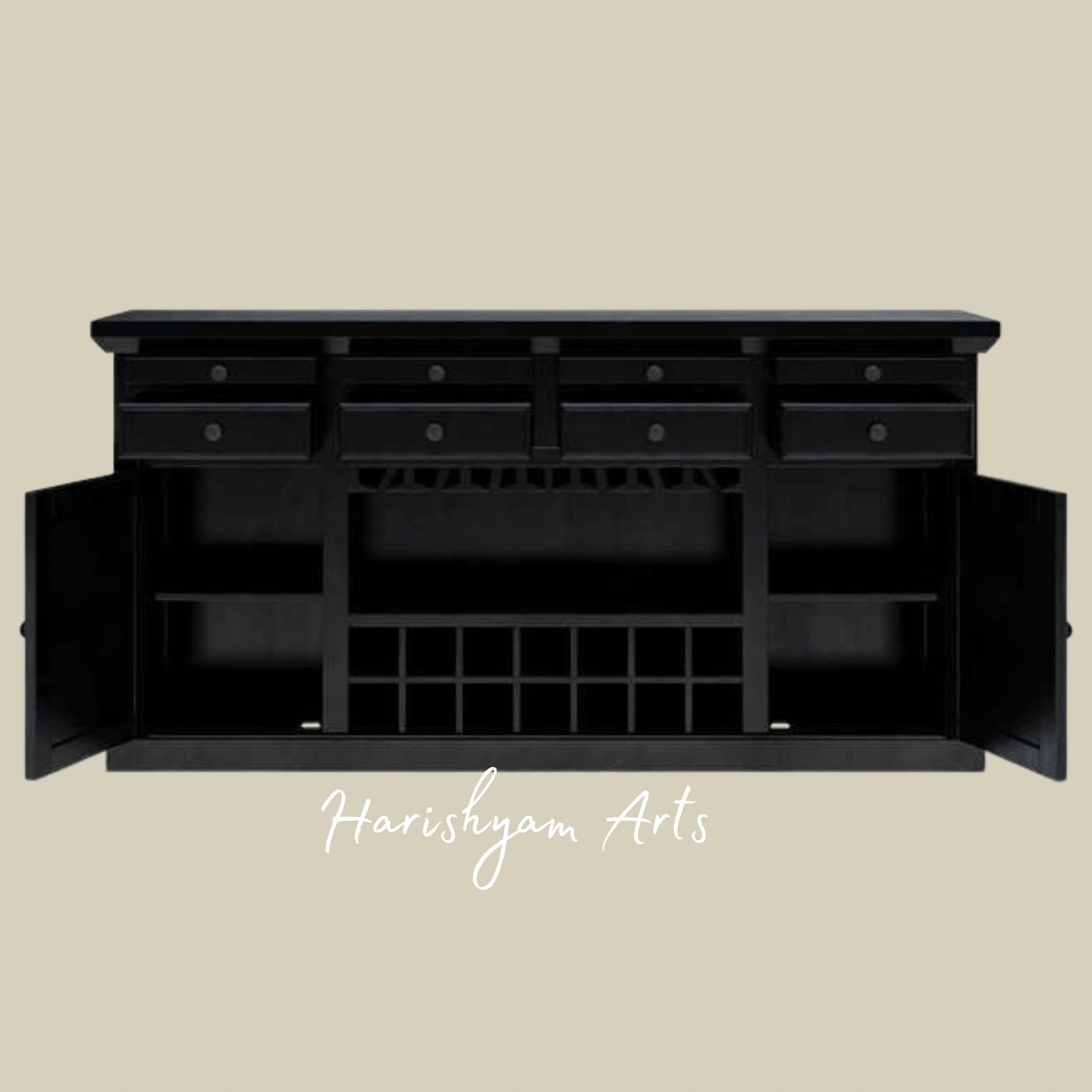 Elegant Black Bar Cabinet with Wine Rack and Glass Holder
2