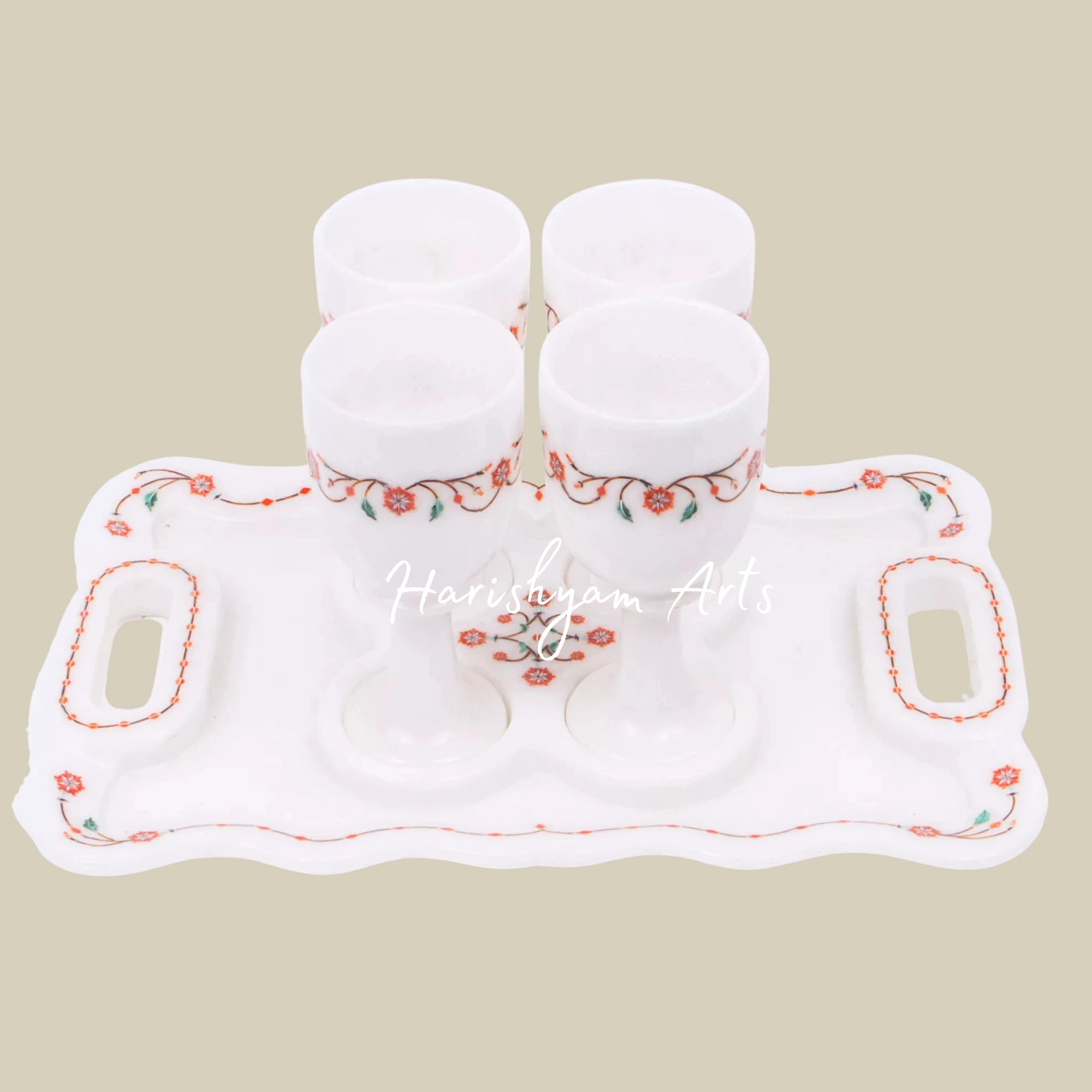 Elegant Coral Cordial Glass and Tray Set Handcrafted Barware